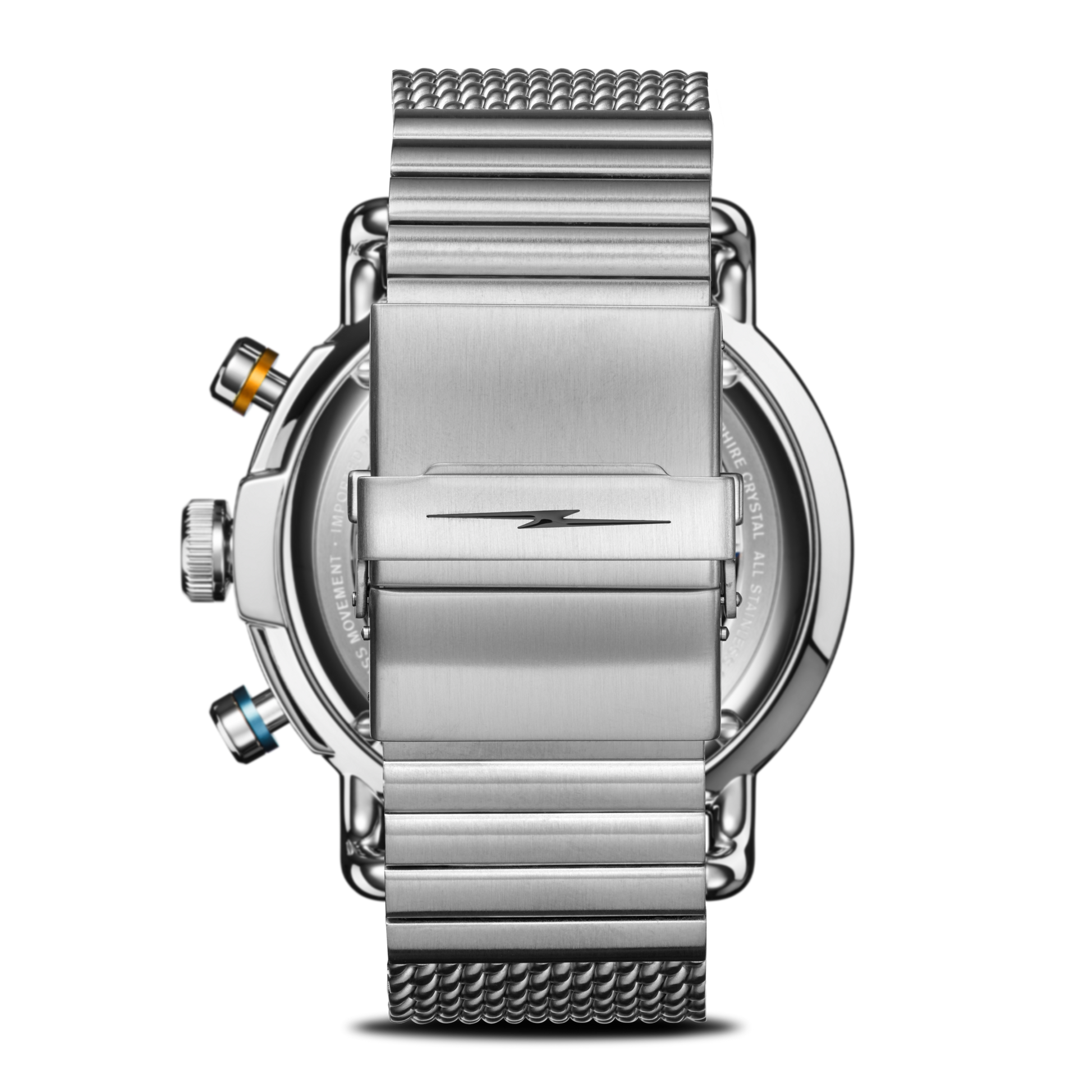 Back view of the Shinola Canfield Speedway Open Road Automatic Chronograph Watch - Blue, featuring a silver mesh band, visible clasp, yellow and blue case buttons, and Swiss-made movement, displayed on a white background.