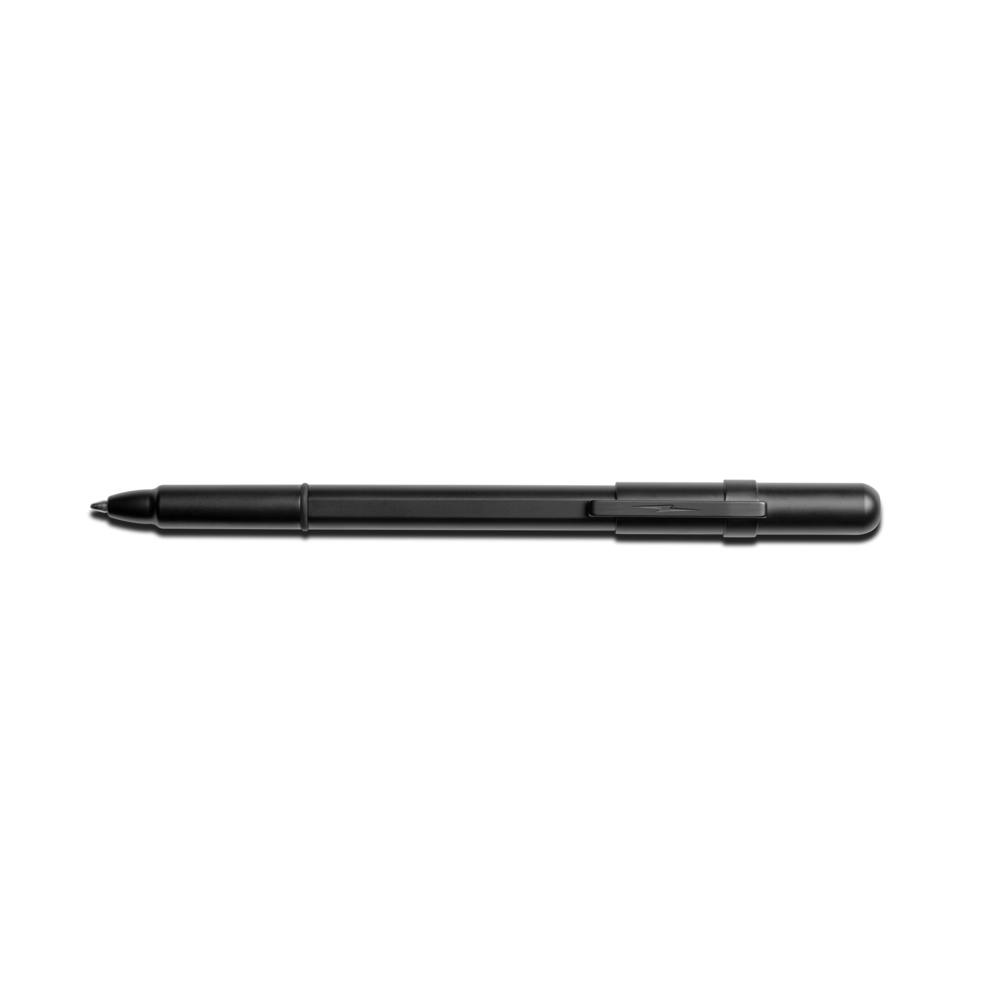 The Shinola Stainless Steel Studio Pen - Matte Black, a sleek ballpoint pen with a cap, is shown lying horizontally on a plain white background.
