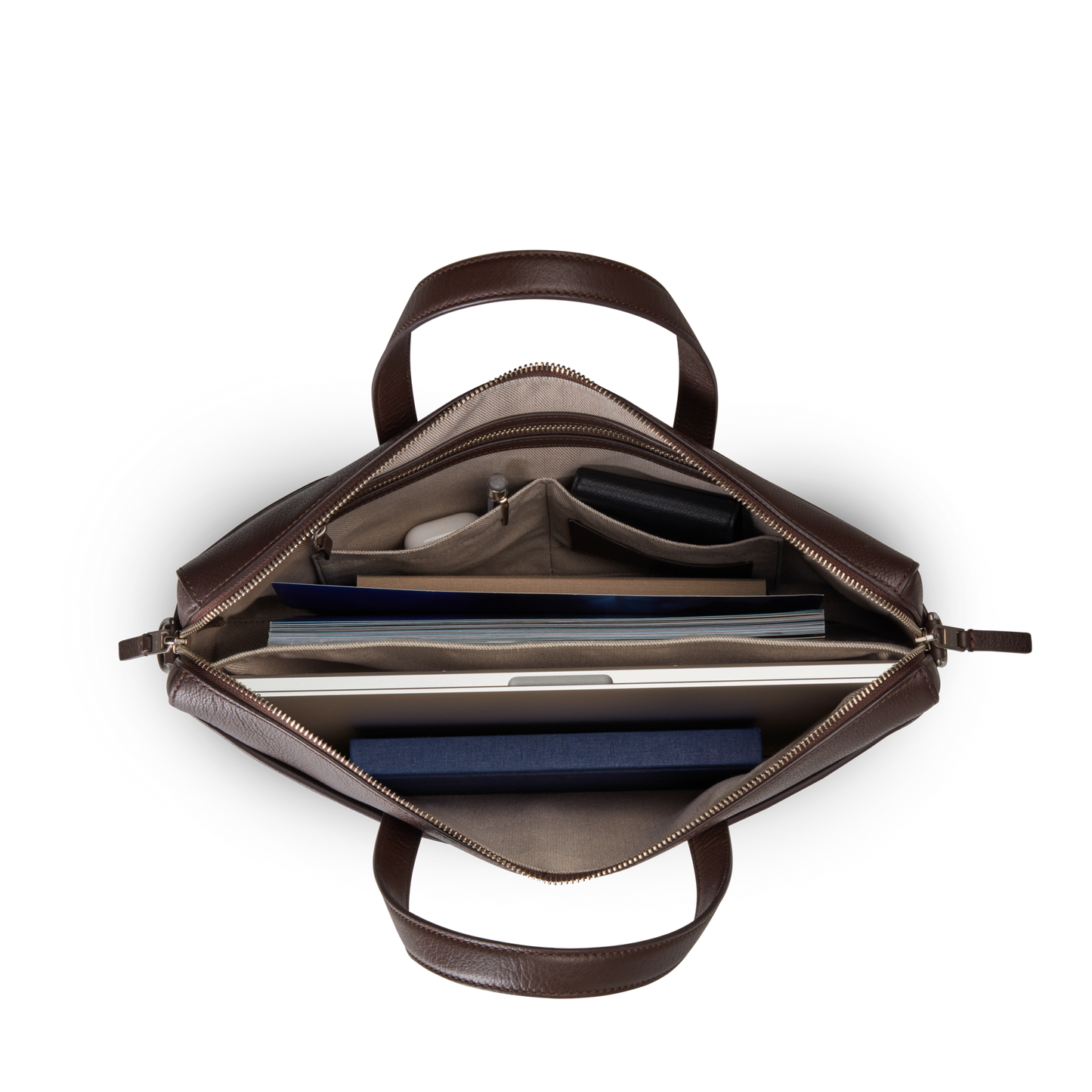 Top view of the Shinola Canfield Briefcase - Espresso in pebbled leather, featuring a laptop pocket and compartments for documents, glasses, and accessories against a white background.