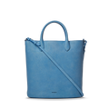The Shinola 12 Hour Tote Bag - River is a light blue natural leather tote with two short handles, a long adjustable shoulder strap, minimal detailing, and the brand name printed near the bottom center.