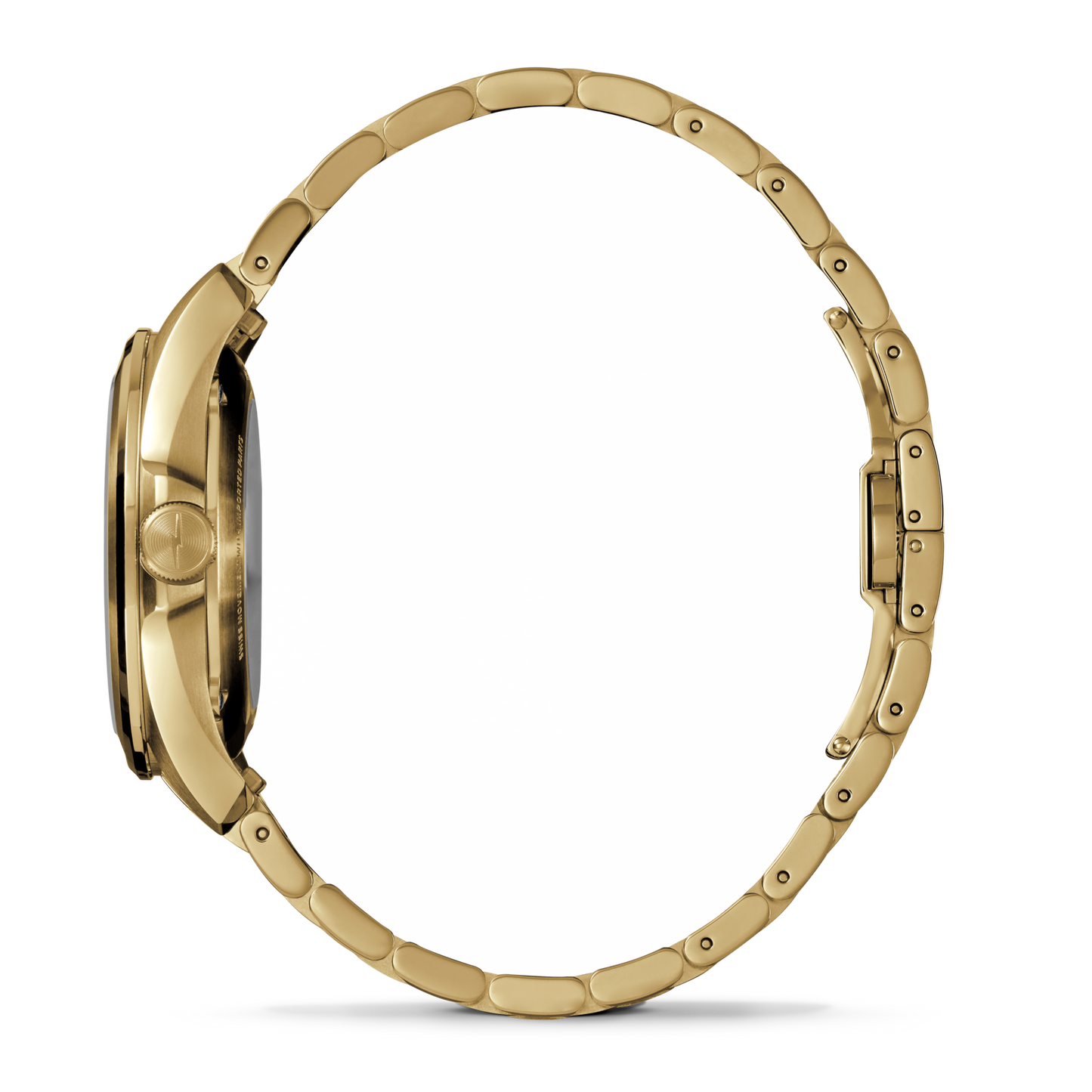 Side view of the Shinola Circadian Monster Automatic Watch - Gold, featuring a sleek gold bracelet and minimalist design, highlighting its slim profile against a plain white background.
