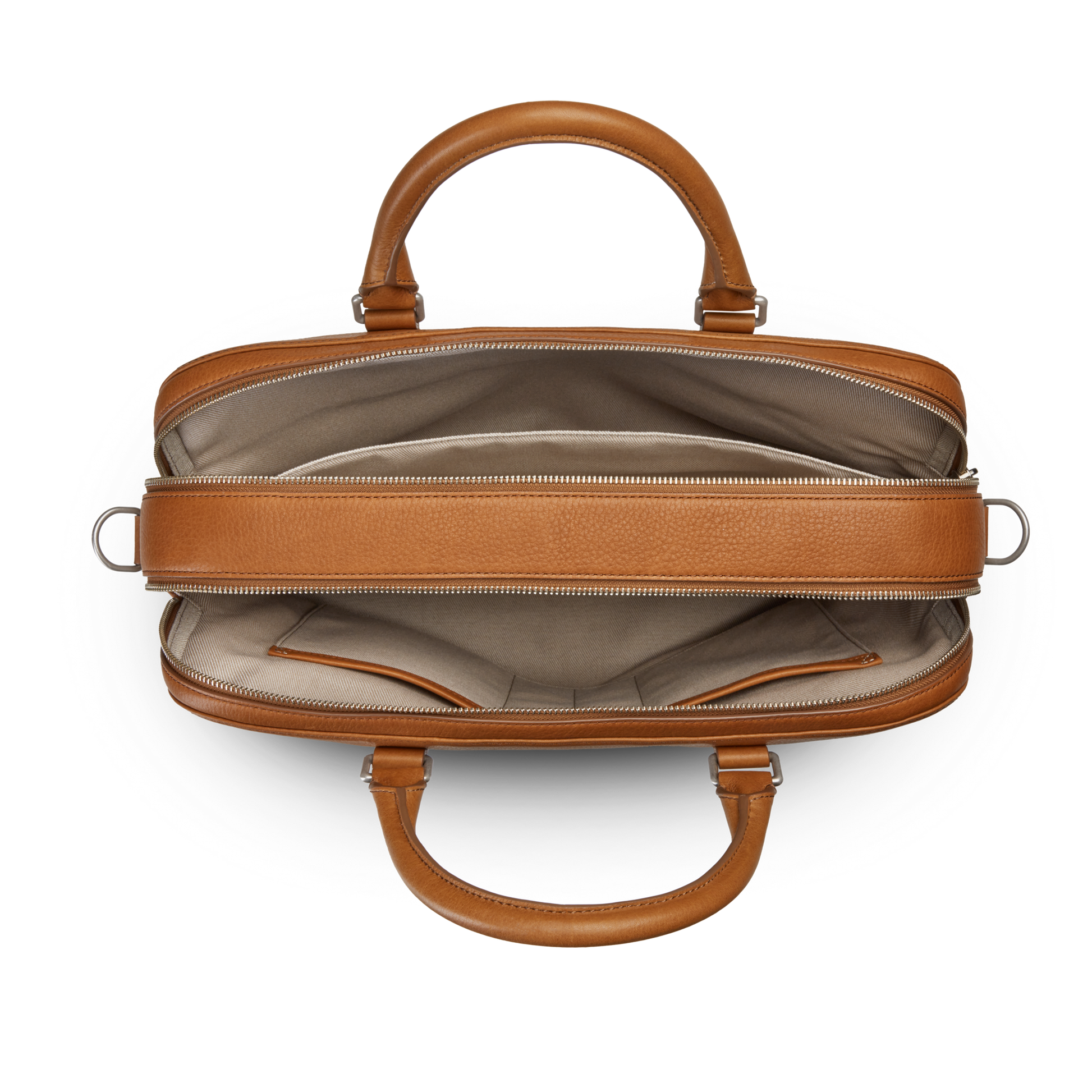 Top view of the Shinola Double Zip Briefcase - Tan in Natural Grain leather, with two handles, beige lining, an extra compartment with pockets, and a central zippered section.