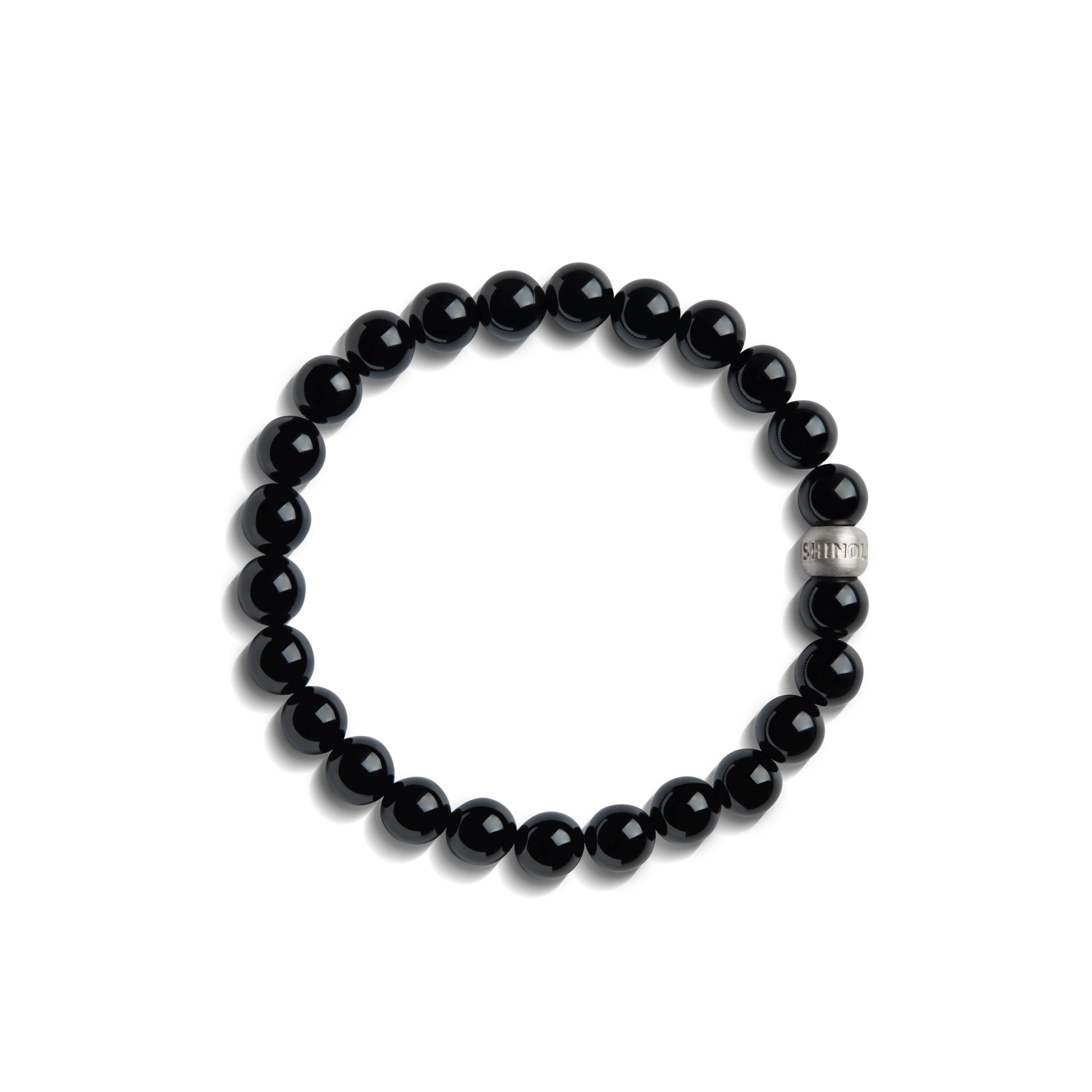 The Shinola 8mm Beaded Onyx Bracelet features smooth onyx beads and a single sterling silver accent with engraved detail, shown on a plain white background.