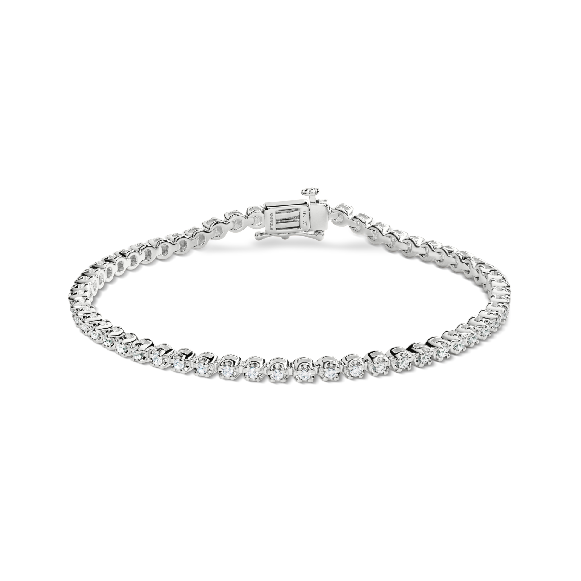 The Shinola 1 Carat 7" Diamond Tennis Bracelet in white gold features a single row of brilliant-cut diamonds set on a sleek band with a secure clasp, shown against a white background.