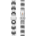 Two views of the Shinola Bracelet: 14/10, Universal 3Link, Butterfly A—PoSS Polished Stainless Steel band; one is fully extended, the other displays the clasp with a small orange lightning bolt symbol.