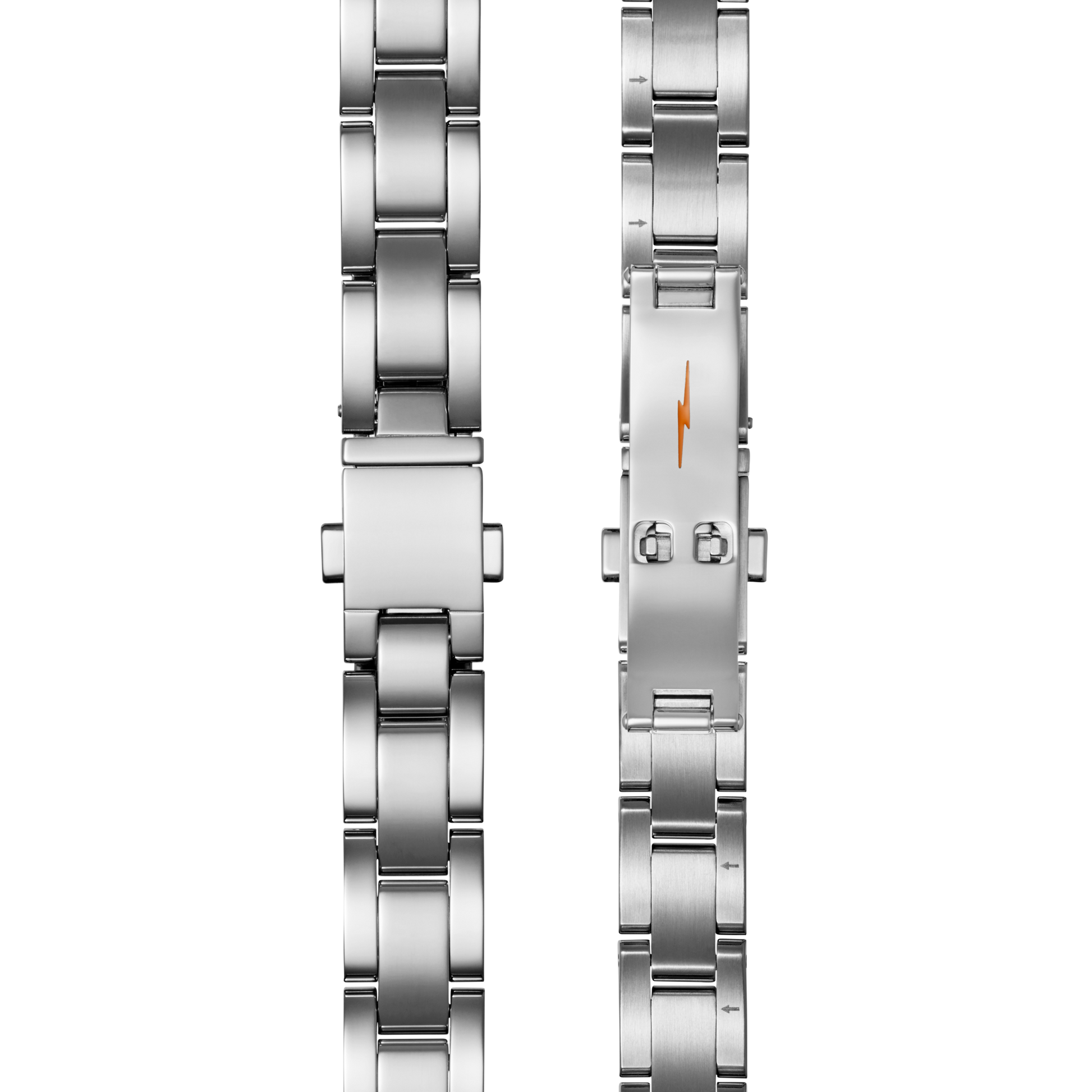 Two views of the Shinola Bracelet: 14/10, Universal 3Link, Butterfly A—PoSS Polished Stainless Steel band; one is fully extended, the other displays the clasp with a small orange lightning bolt symbol.