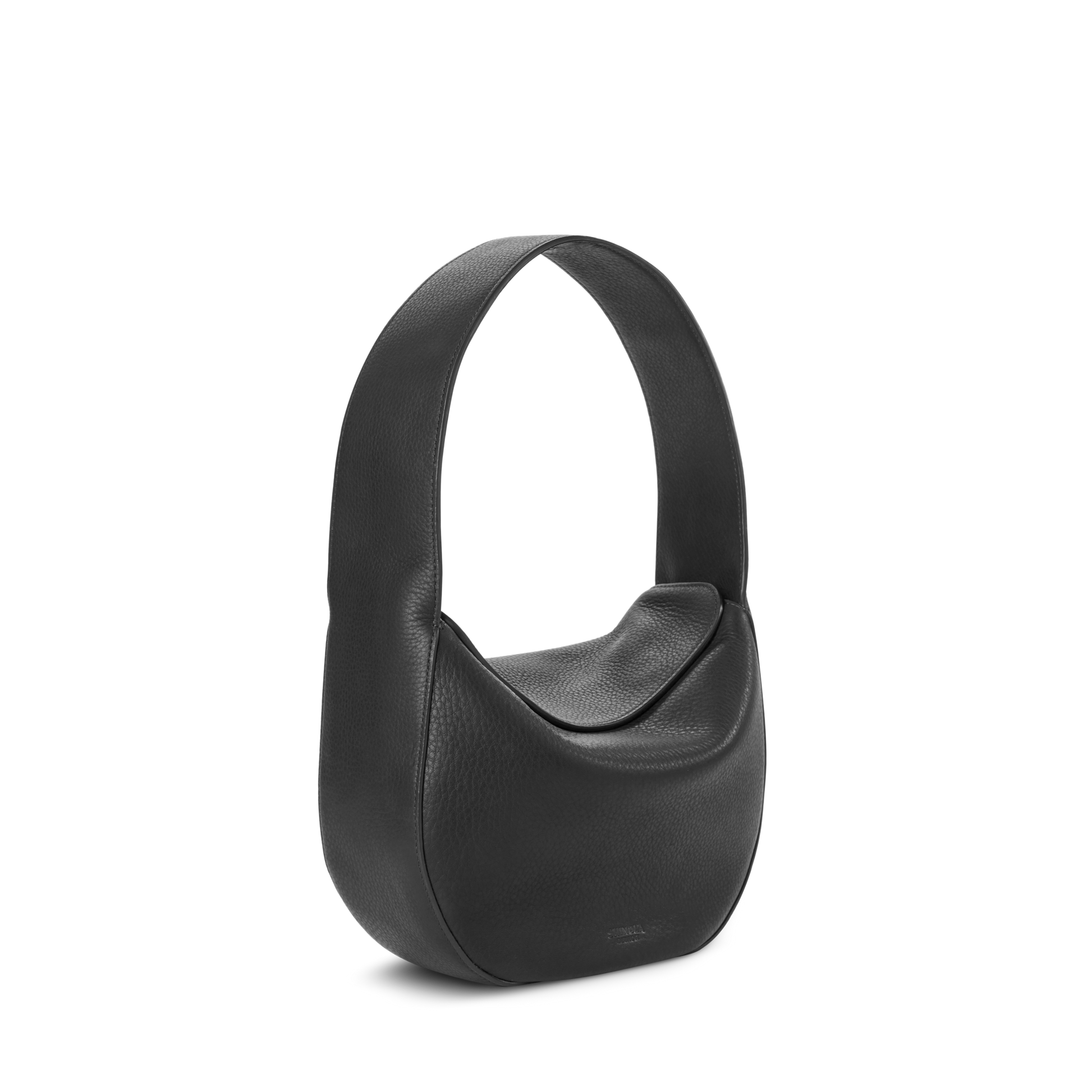 The Small Shoulder Bag - Black by Shinola features a crescent shape in natural grain leather with a wide strap, shown on a plain white background.