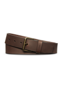 The Shinola 1 1/2" Rambler Belt in dark brown features bridle leather, a brass buckle, multiple adjustment holes, and a classic handcrafted design—an enduring accessory shown against a white background.