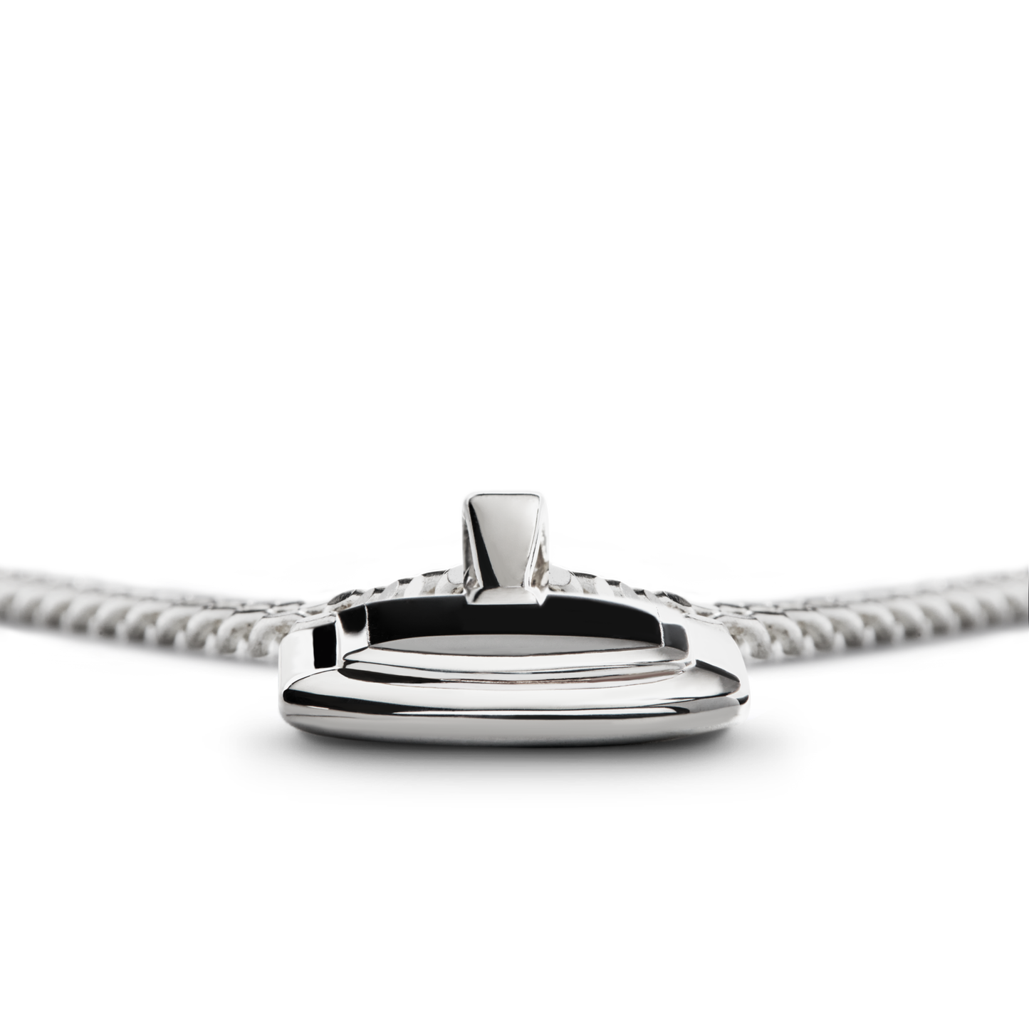 A close-up side view of the Shinola Onyx Tag Necklace in polished sterling silver, displayed on a silver chain against a plain white background.