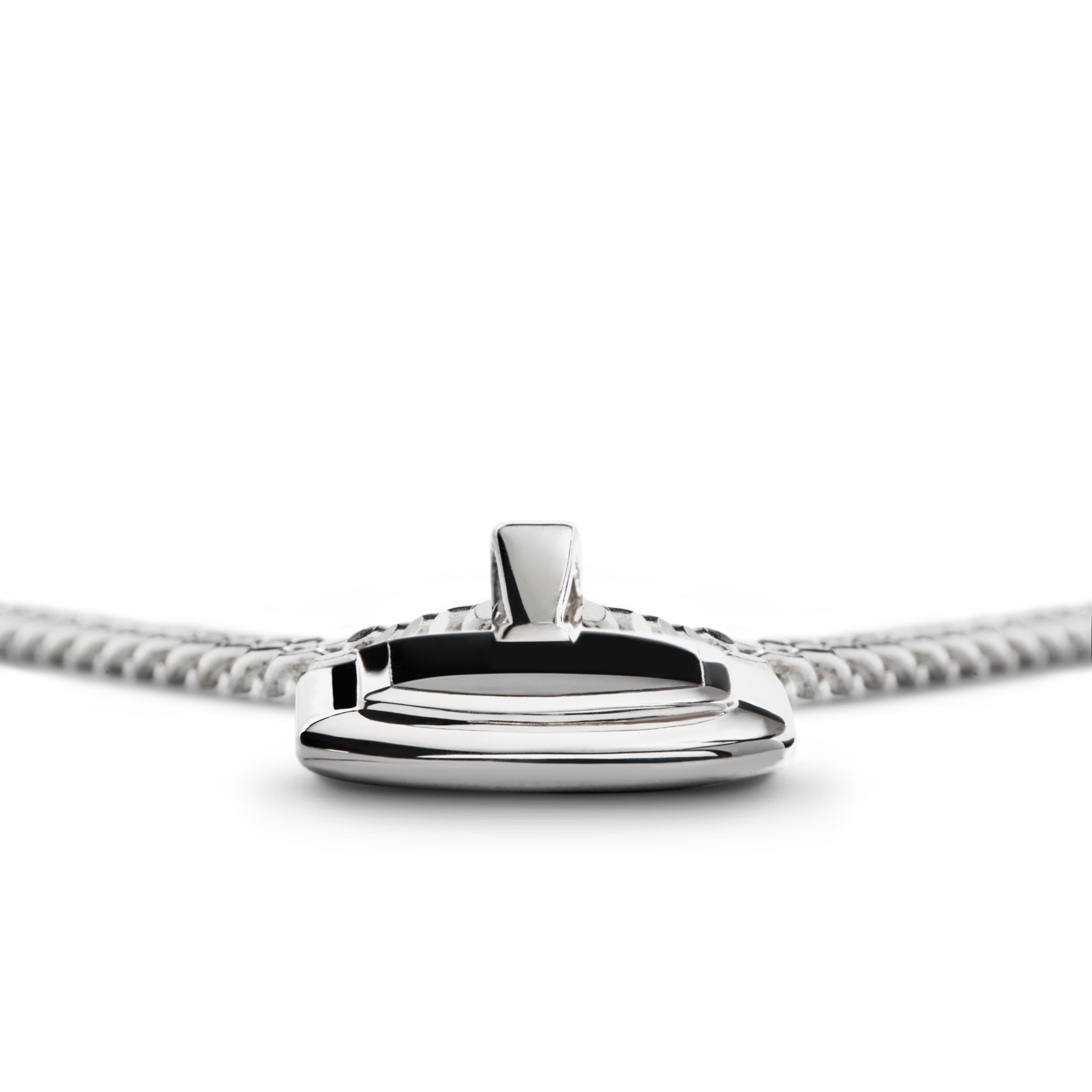 A close-up side view of the Shinola Onyx Tag Necklace in polished sterling silver, displayed on a silver chain against a plain white background.