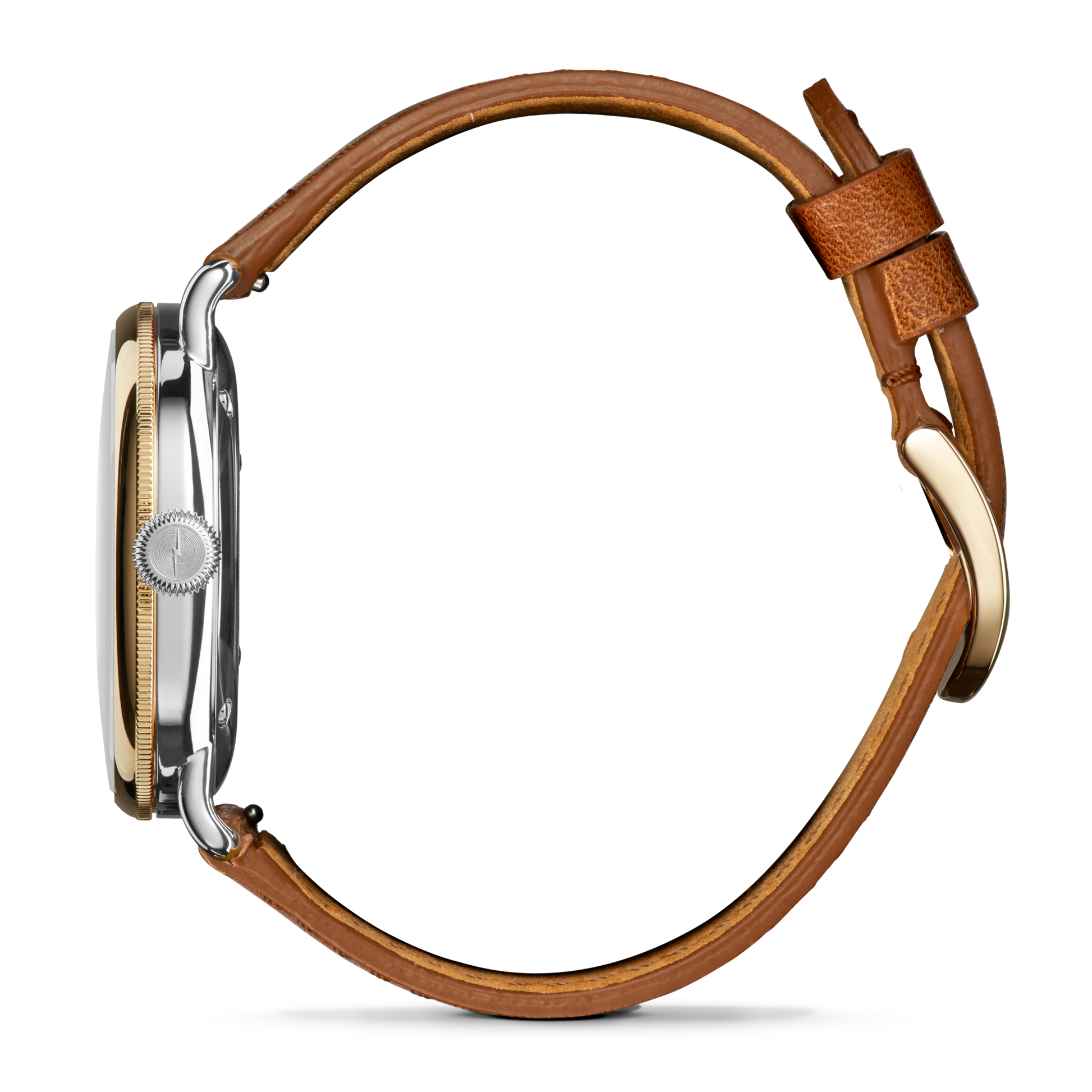Side view of the Shinola Canfield Watch with a round silver and gold case, detailed crown, and tan leather strap with two loops and buckle. The watch face is not visible.