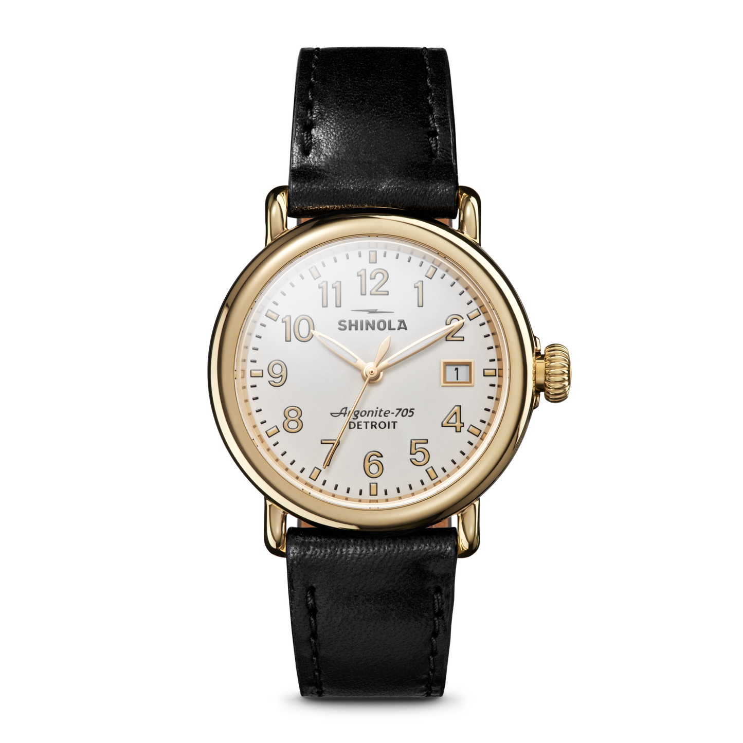 The Shinola Runwell Watch - Alabaster features a gold stainless steel case, white dial with black numerals, gold hands, date display, and a black leather strap, displayed on a plain white background.