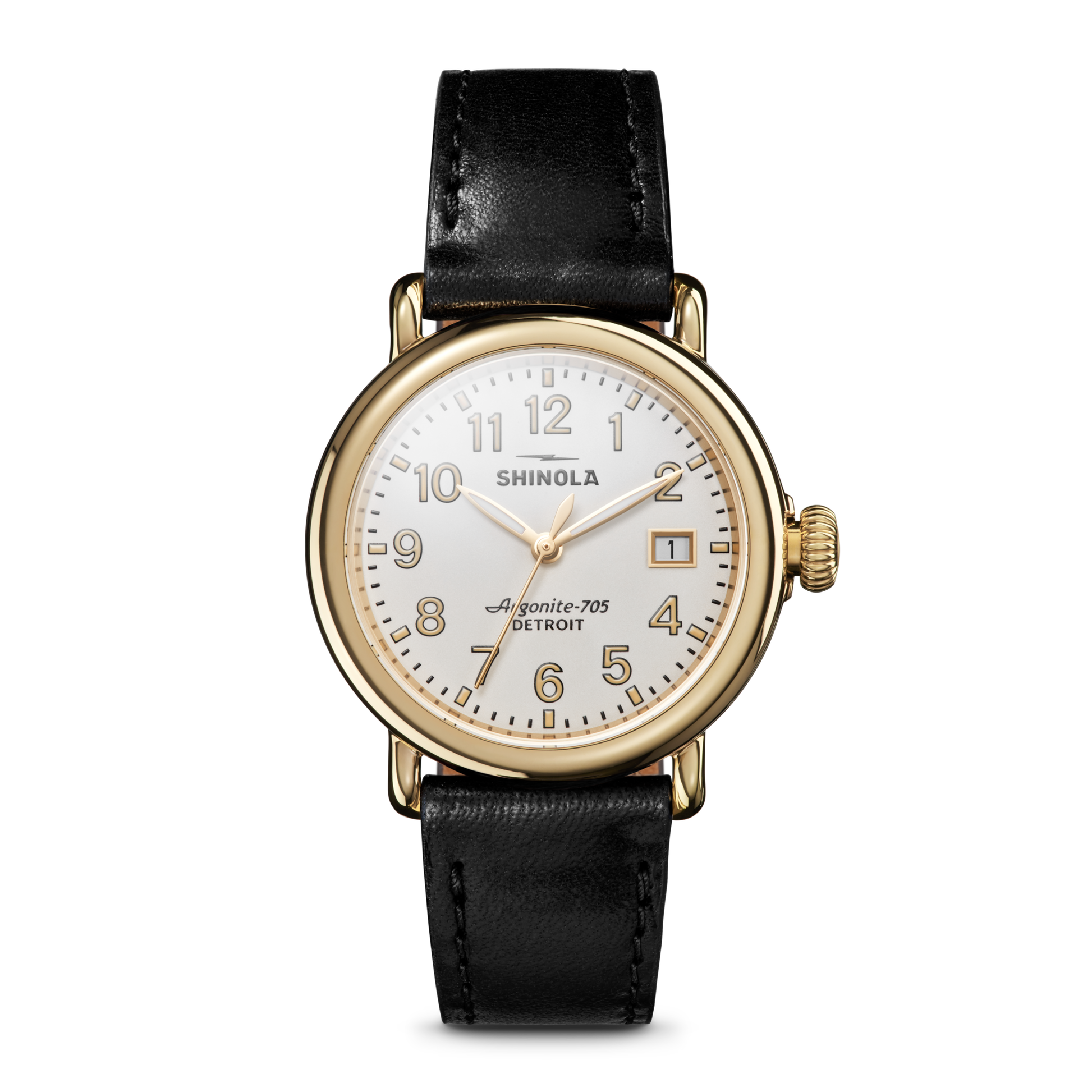The Shinola Runwell Watch - Alabaster features a gold stainless steel case, white dial with black numerals, gold hands, date display, and a black leather strap, displayed on a plain white background.