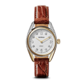 The Shinola Diamond Derby Watch features a two-tone case, auburn alligator strap, diamond hour markers, and a white dial with silver numbers and hands.
