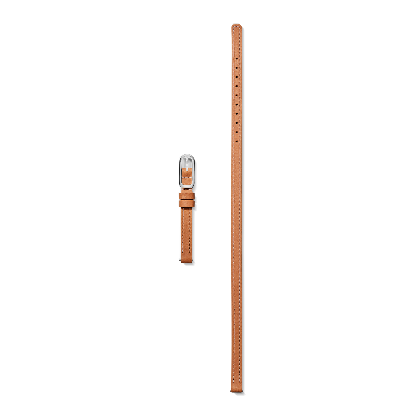 The Shinola 8mm Bourbon/Blush Reversible Leather Strap is displayed on a white background: the short piece with a silver buckle is on the left, and the longer, perforated strap with stitching is on the right.