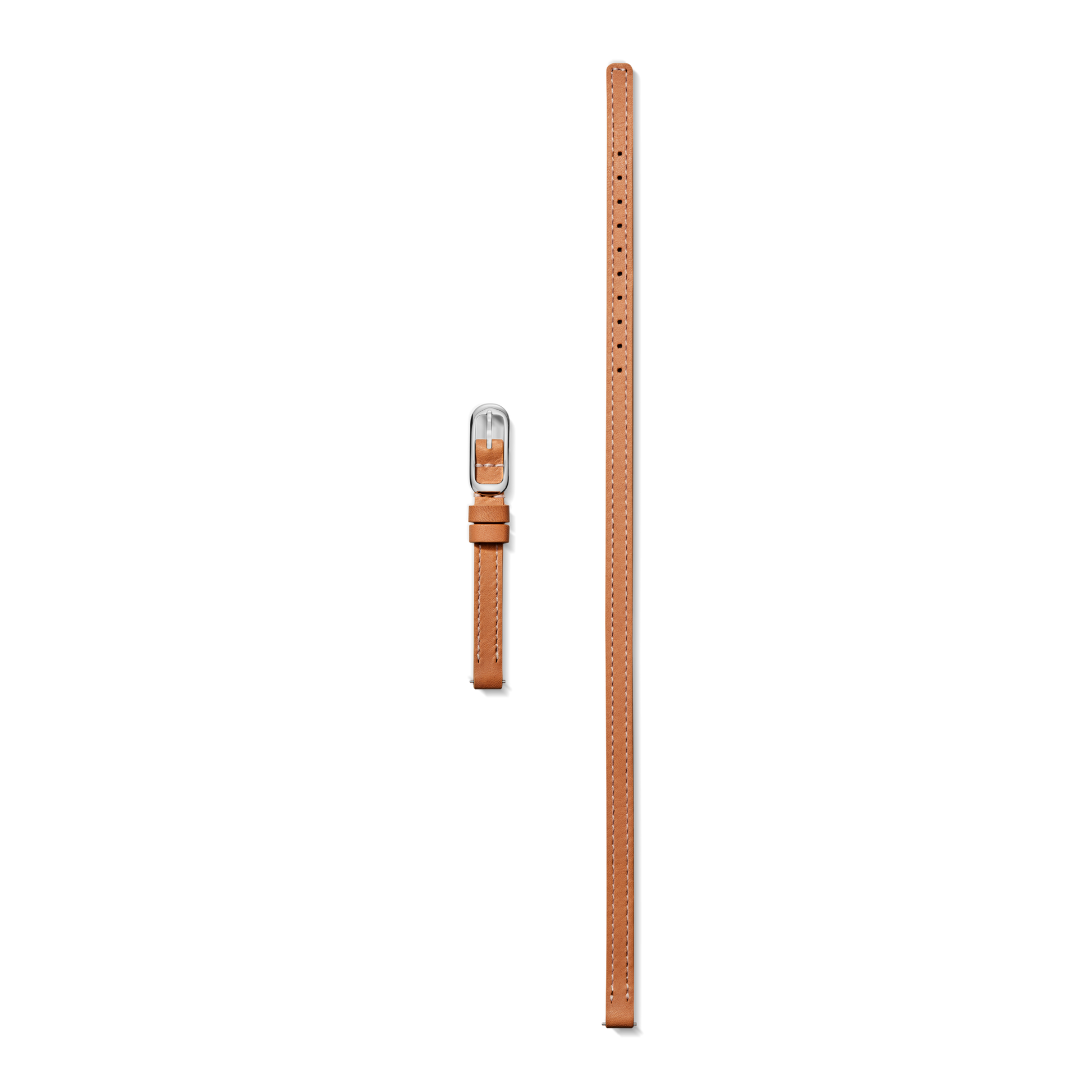 The Shinola 8mm Bourbon/Blush Reversible Leather Strap is displayed on a white background: the short piece with a silver buckle is on the left, and the longer, perforated strap with stitching is on the right.