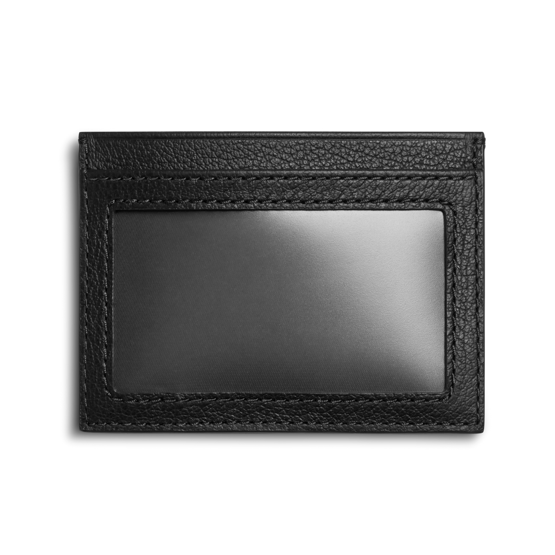 The Shinola Canfield ID Card Holder in black pebbled leather features visible stitching and a transparent ID window on one side, shown against a plain white background.
