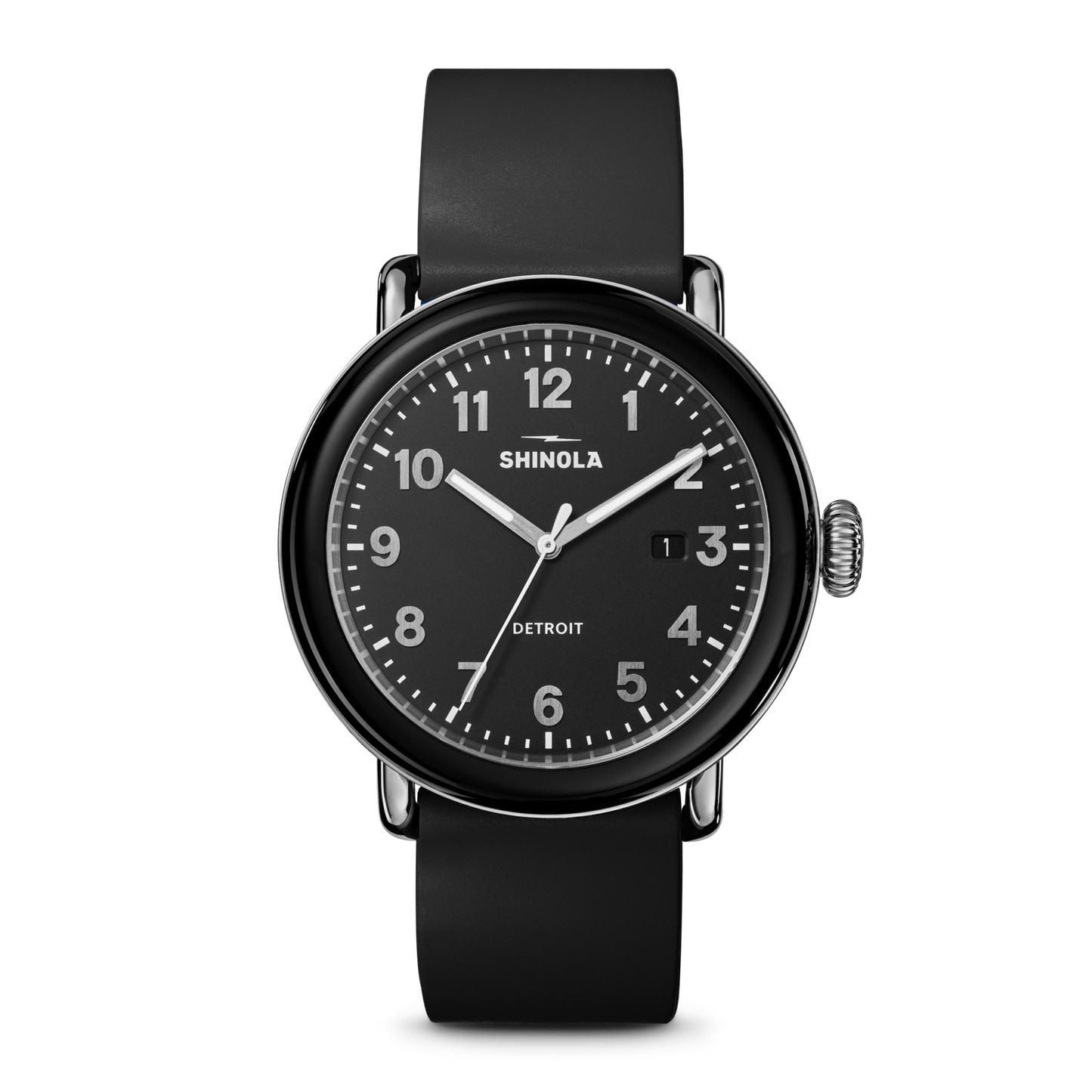 The Shinola Detrola Watch - Black features a round face, white numerals, black band, date window near 3 o’clock, shows 10:09, and “Detroit” on the dial—a durable timepiece with classic American design.