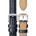 A close-up of the Shinola QR Strap: 20/18 Essence in Navy shows the textured leather, contrast stitching, tan underside, and silver buckle from both front and back.