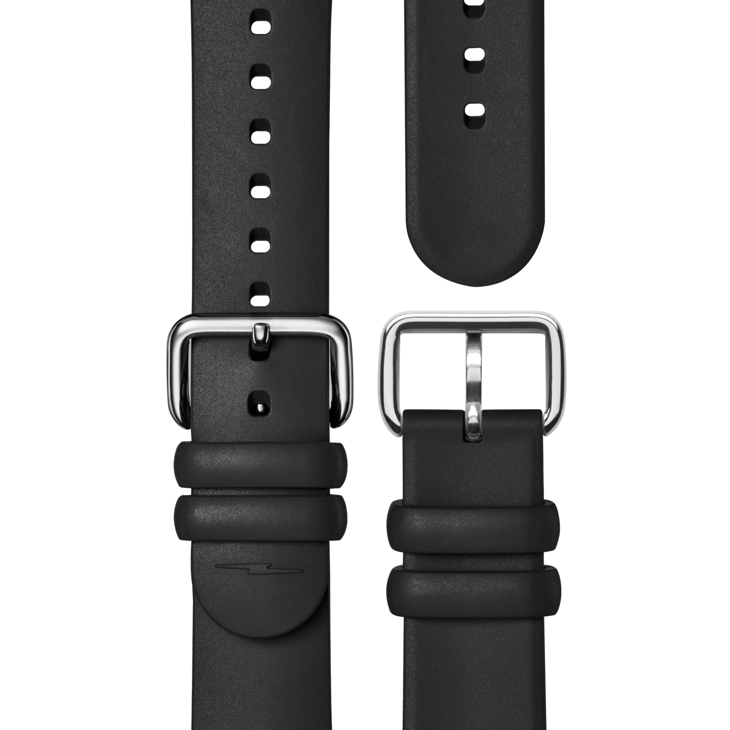 A close-up of the shinola 20mm Rubber Strap - Black Dash Loop with a matte black finish, multiple adjustment holes, and a silver-tone buckle, displayed from both sides against a plain white background.
