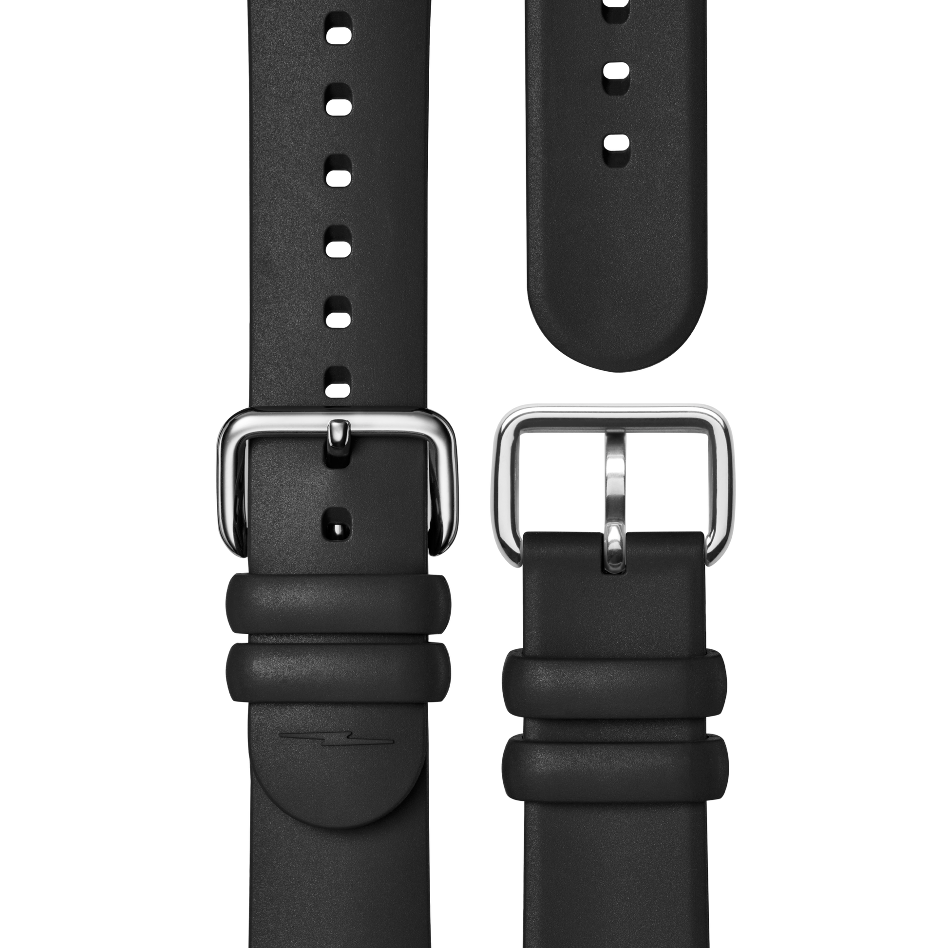 Two black silicone watch straps for the Shinola Detrola Watch are displayed with silver buckles and multiple sizing holes, showcasing classic American design on a white background.