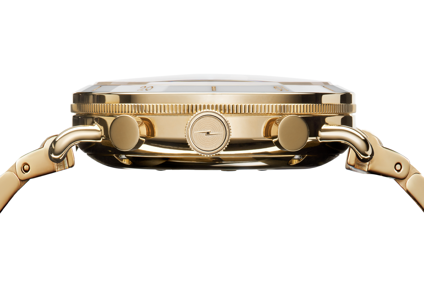 Side view of the Shinola Canfield Sport Chronograph Watch - Silver with a round case, two push buttons, crown, metal bracelet, and ridged bezel, shown against a plain white background.