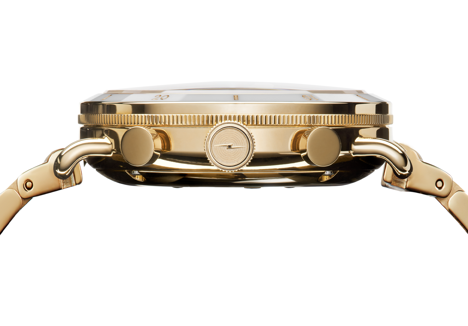 Side view of the Shinola Canfield Sport Chronograph Watch - Silver with a round case, two push buttons, crown, metal bracelet, and ridged bezel, shown against a plain white background.