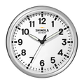 The 14" Runwell Clock by Shinola features a white face, chrome casing, black numbers, and black hour and minute hands set to 1:50:34. The Shinola brand name is displayed on this classic wall clock.