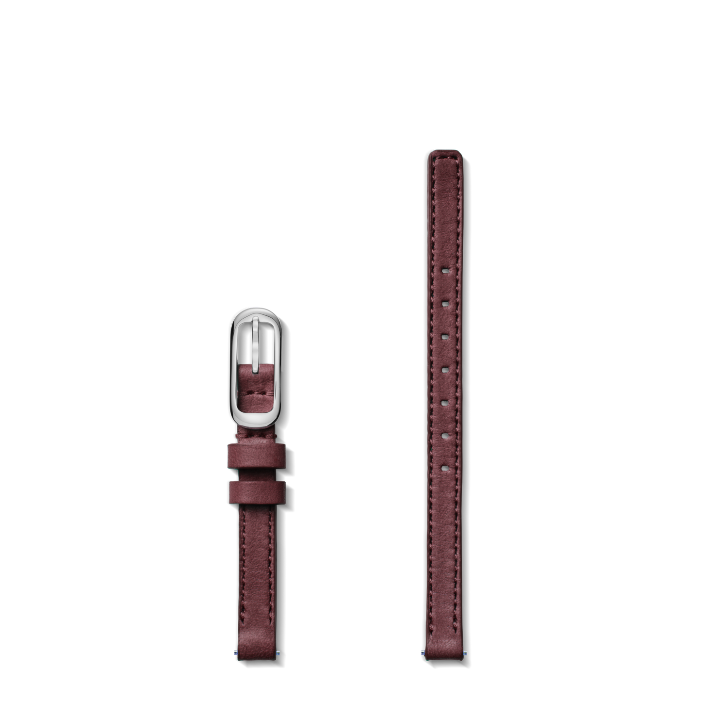 Two Shinola 8mm Merlot Leather Watch Straps are shown on a white background; the left strap has a silver buckle, while the right features multiple adjustment holes.