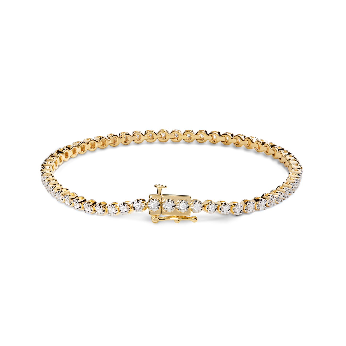 The Shinola 1.84 Carat 6.5" Diamond Tennis Bracelet in yellow gold features a single row of brilliant cut diamonds and a secure clasp, shown against a white background.