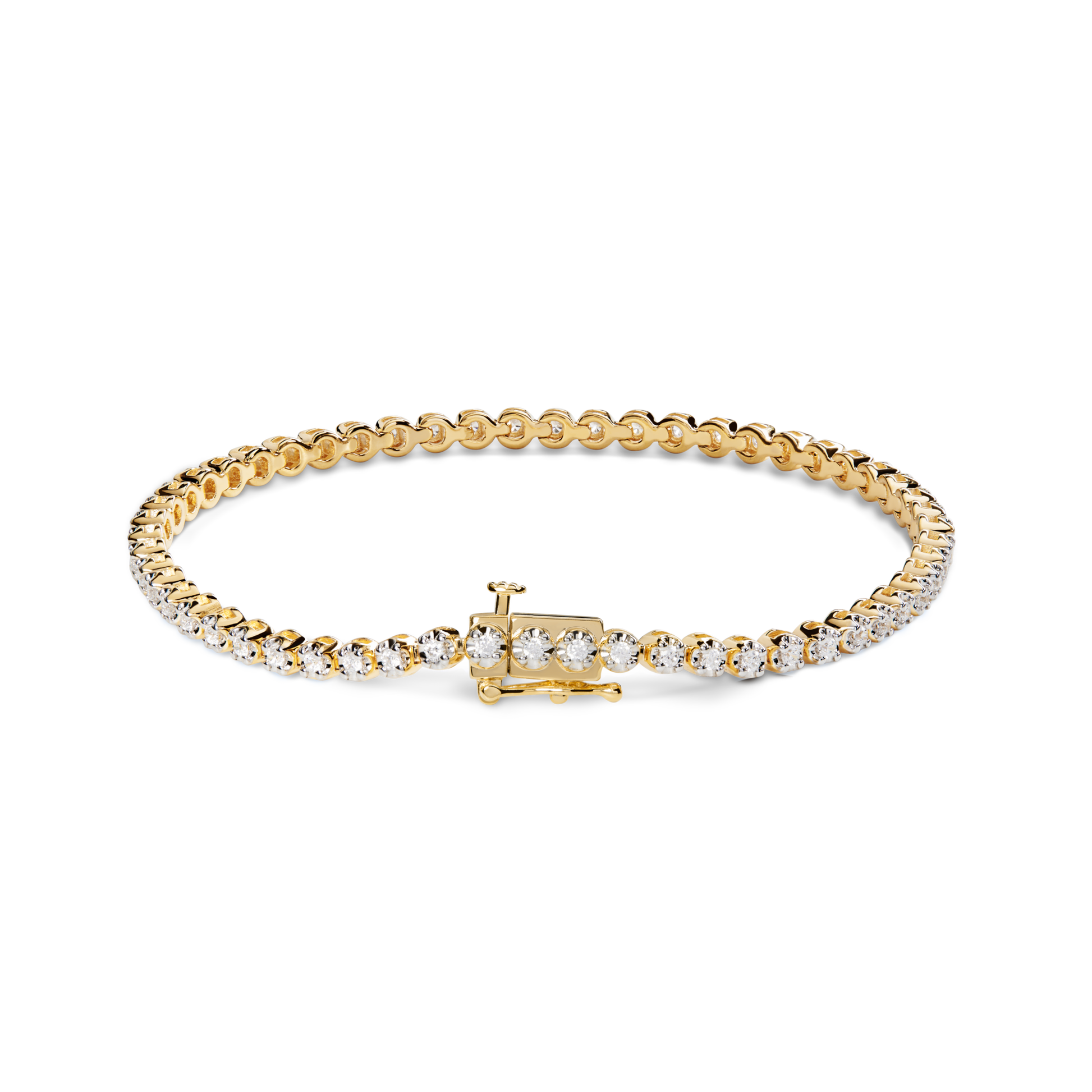 The Shinola 1.84 Carat 6.5" Diamond Tennis Bracelet in yellow gold features a single row of brilliant cut diamonds and a secure clasp, shown against a white background.