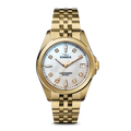 The Shinola Circadian Monster Automatic Watch features a gold case, metal link band, white mother-of-pearl dial with gold markers, and diamond indices, shown against a plain white background.