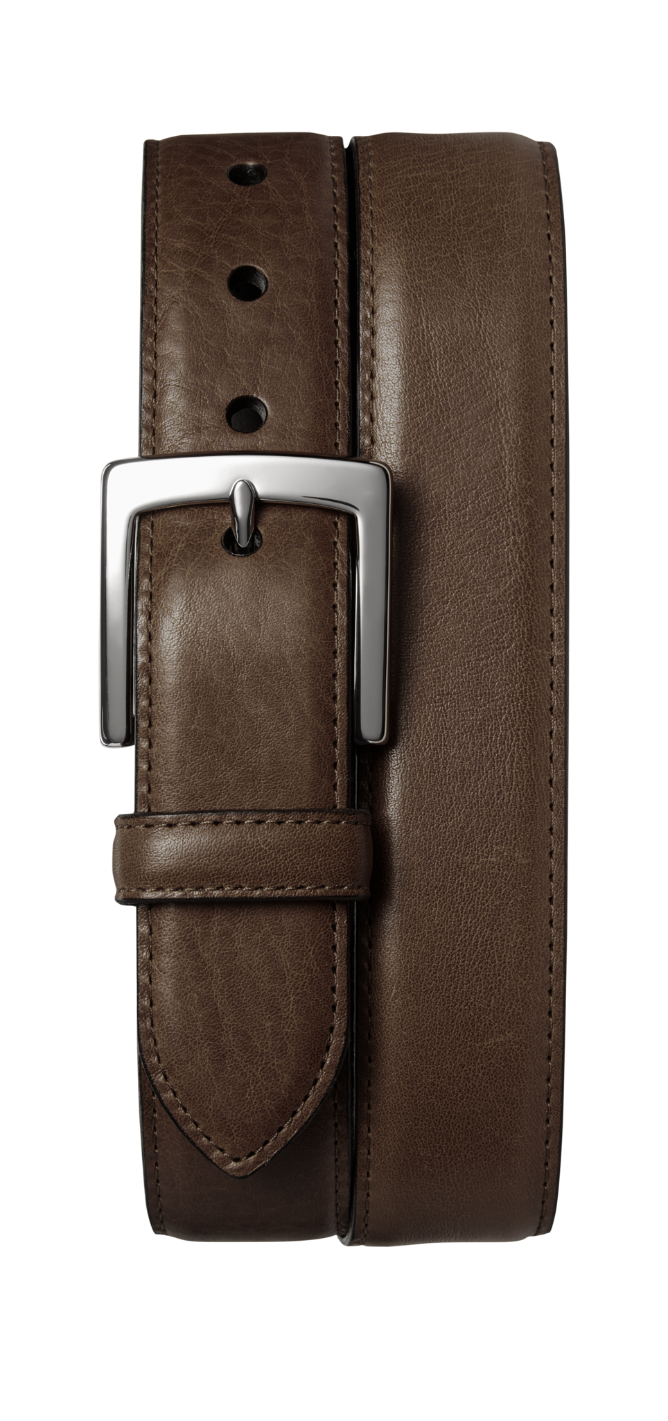 The Shinola 1 1/2" Bedrock Belt in dark brown features silver-toned hardware, displayed rolled up with its tip threaded through the rectangular buckle and several adjustment holes visible.