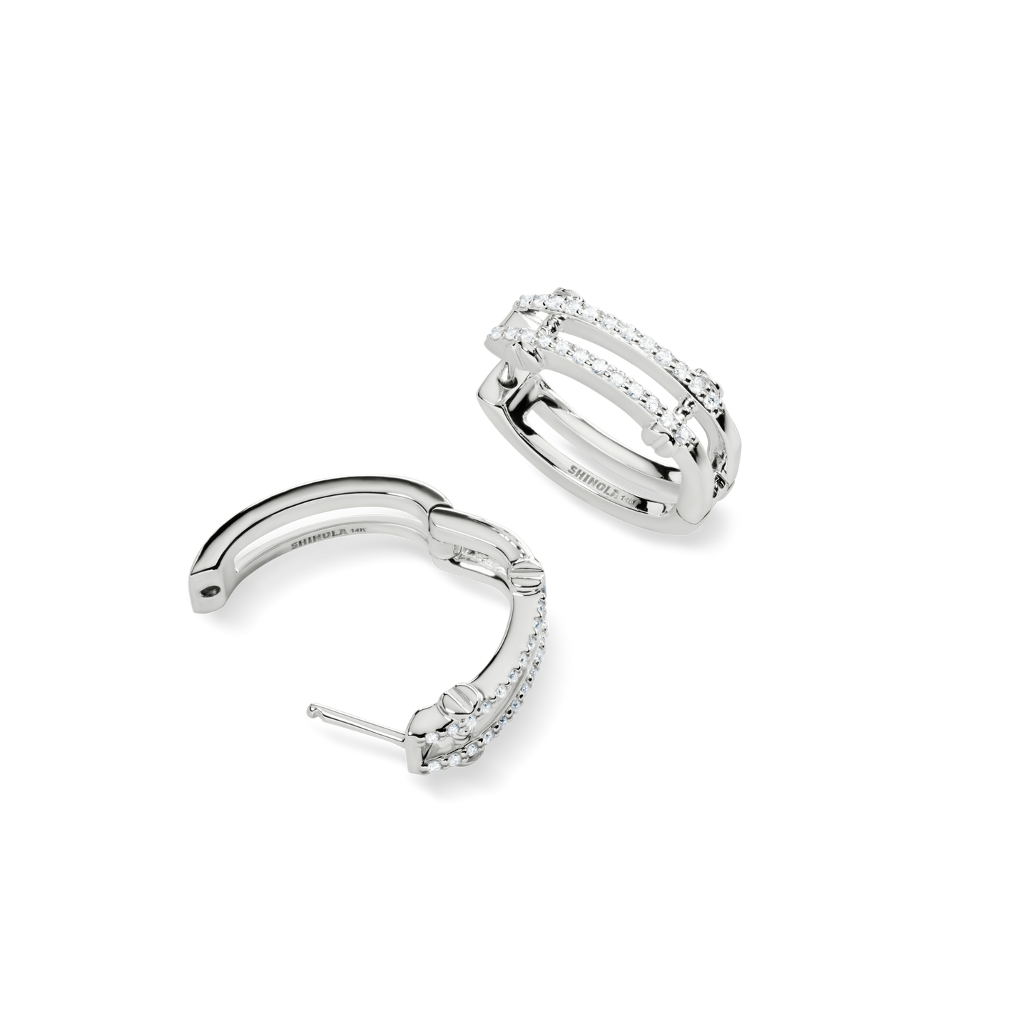 The Diamond Pave Rivet Double Row Hoop Earrings by Shinola, crafted in 14k white gold with two rows of sparkling stones, are shown on a white background with one earring open and the other closed.