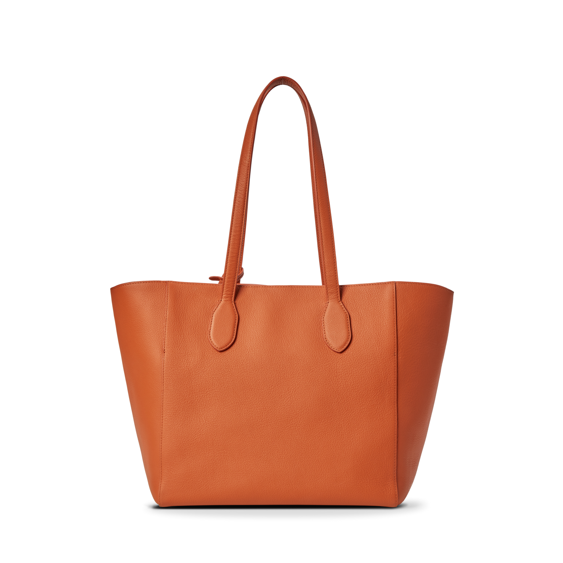 The Shinola Runabout Tote Bag in rust features large, orange pebbled leather, two shoulder straps, and a zipper pouch, displayed against a plain white background.