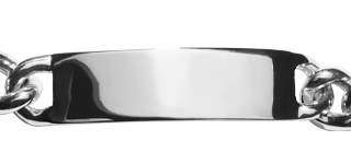 A close-up of the Shinola Bike Lock ID Bracelet - Sterling Silver, featuring an engravable ID plate and thick chain links, set against a plain light background.
