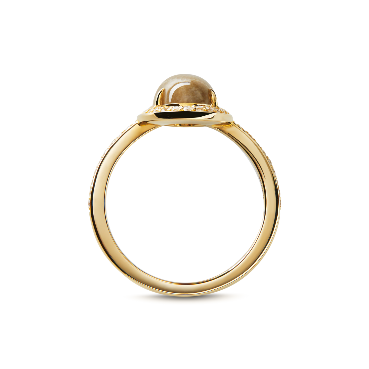 The Shinola Petite Diamond Pave Petoskey Oval Ring in yellow gold features a domed oval center stone, seen from the side against a plain white background.
