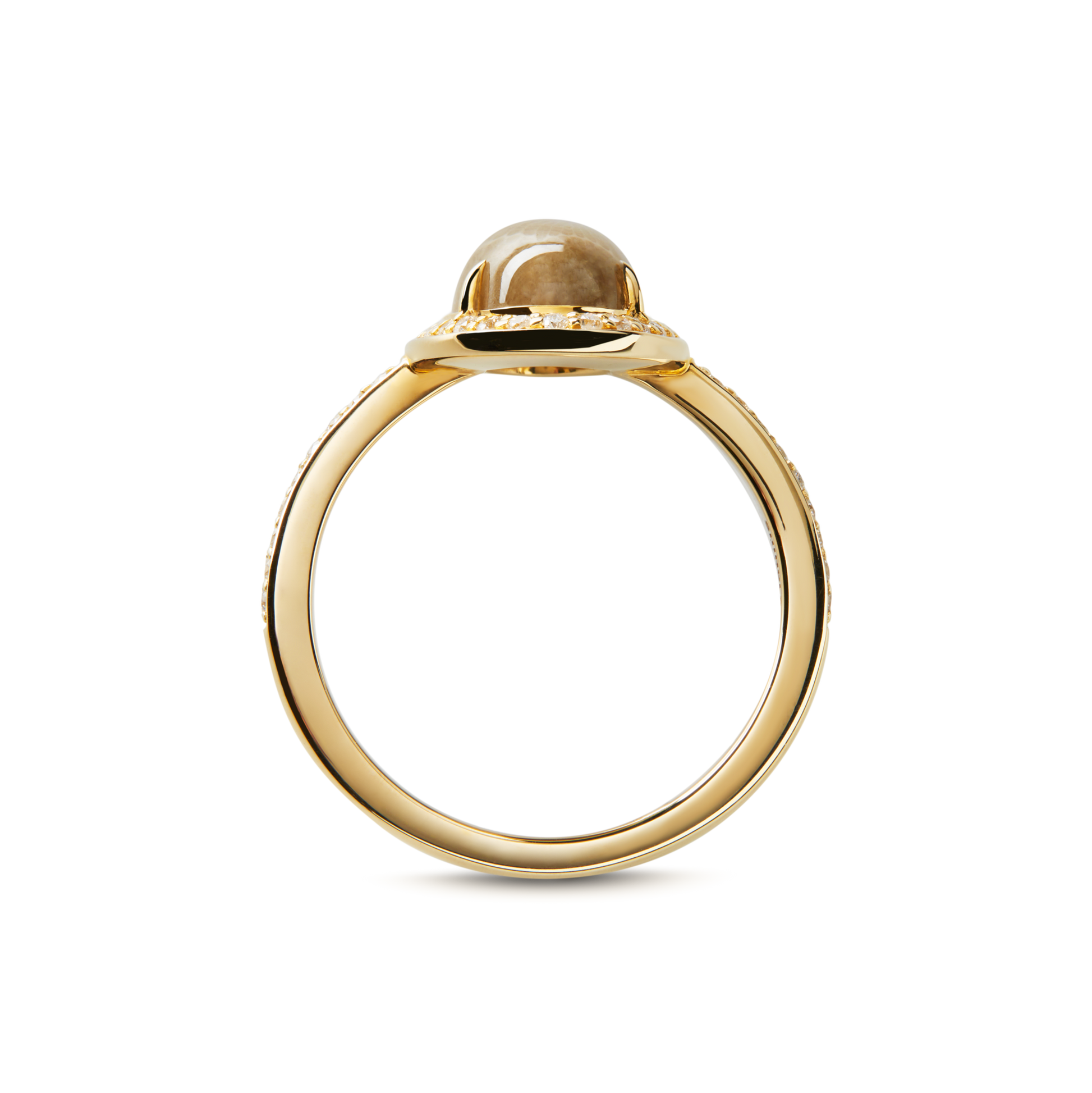 The Shinola Petite Diamond Pave Petoskey Oval Ring in yellow gold features a domed oval center stone, seen from the side against a plain white background.