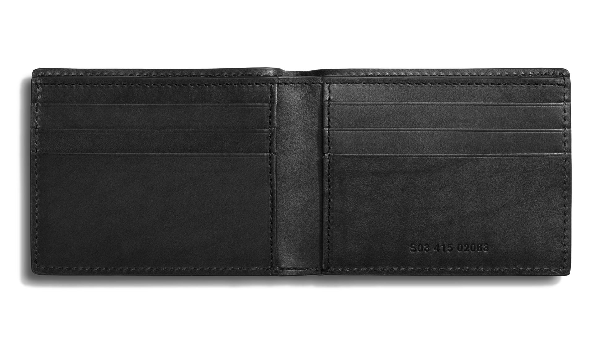 The open Shinola Slim Bifold Wallet - Black displays multiple card slots and a bill section. Embossed numbers on the lower right inside highlight its sleek, minimalist design.