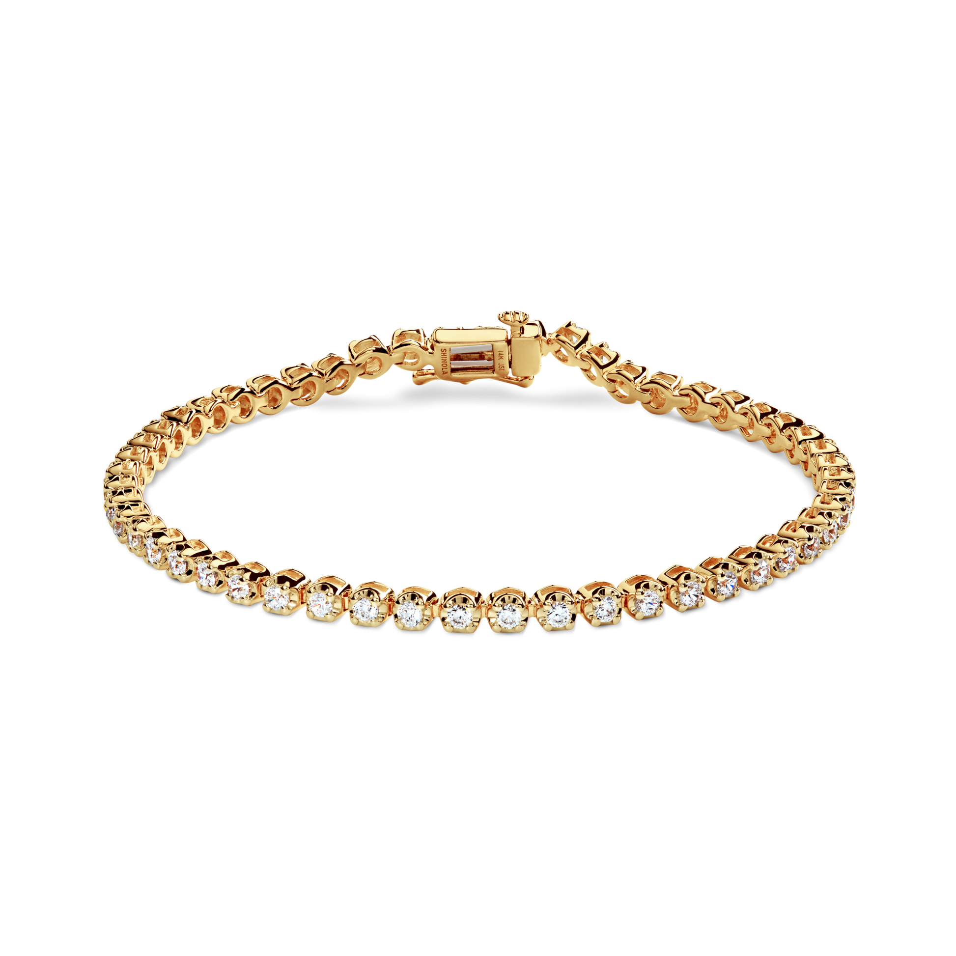 The Shinola 2 Carat 7" Diamond Tennis Bracelet in yellow gold features a single row of brilliant cut diamonds set in prongs with a secure clasp, showcased on a plain white background.