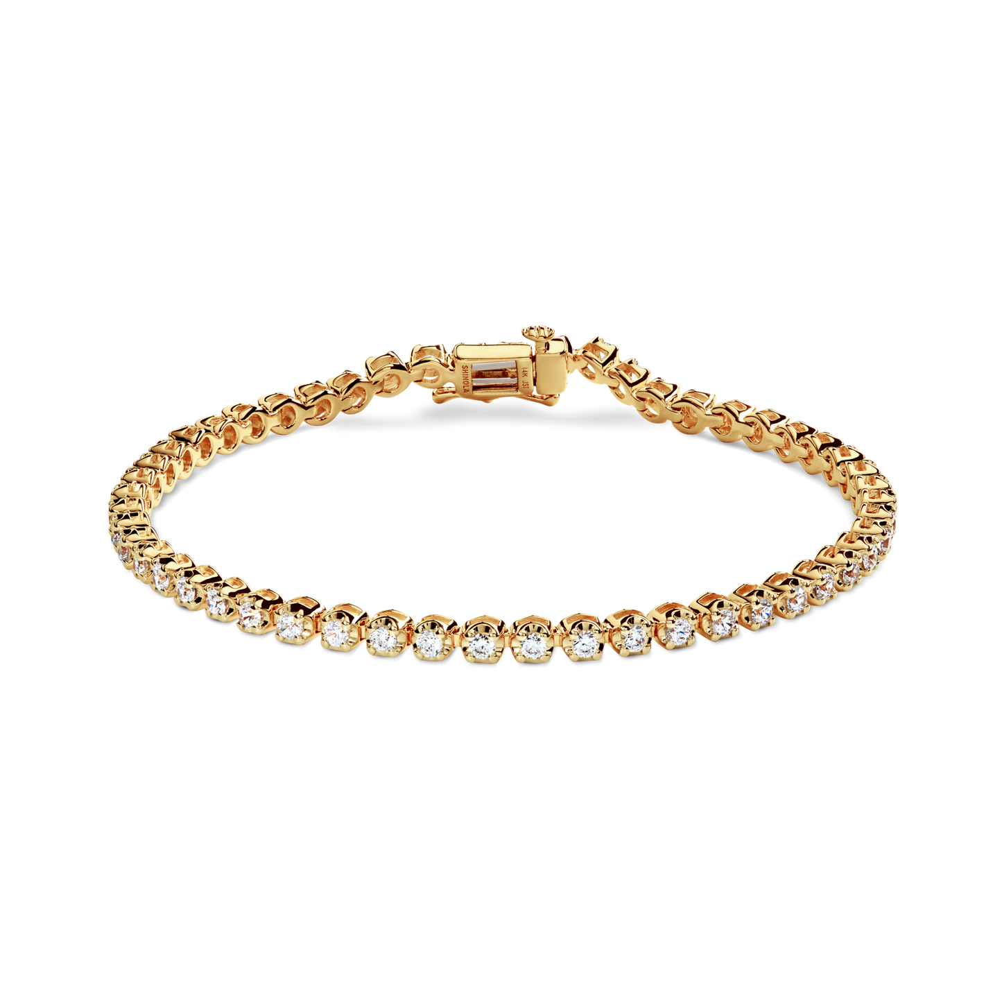The Shinola 1.84 Carat 6.5" Diamond Tennis Bracelet in yellow gold features a row of brilliant cut diamonds set in a secure clasp, shown against a plain white background.