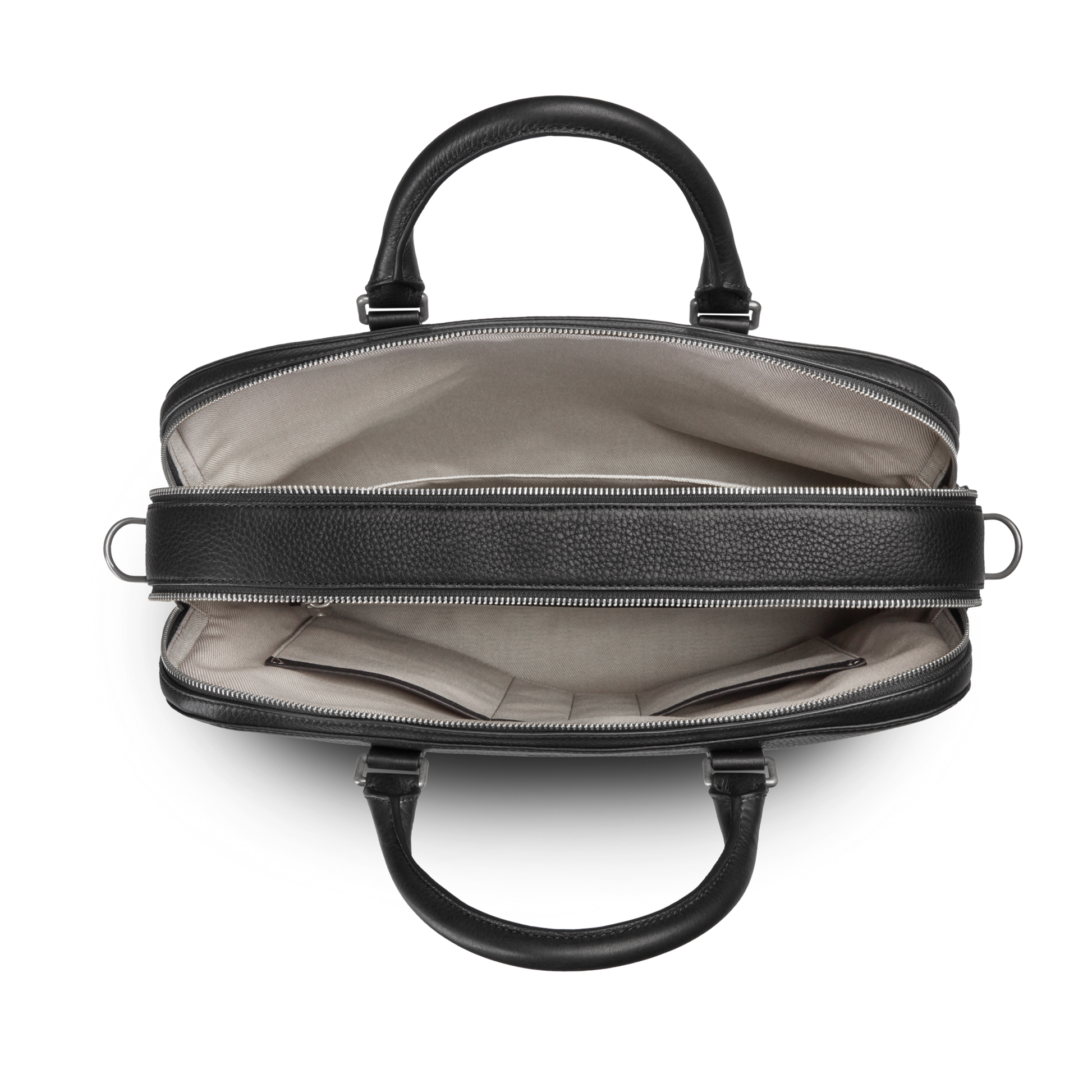 Top-down view of the Shinola Double Zip Briefcase - Black in Natural Grain leather with two handles, showing a spacious beige interior, large zippered section, extra compartment, and side pockets.