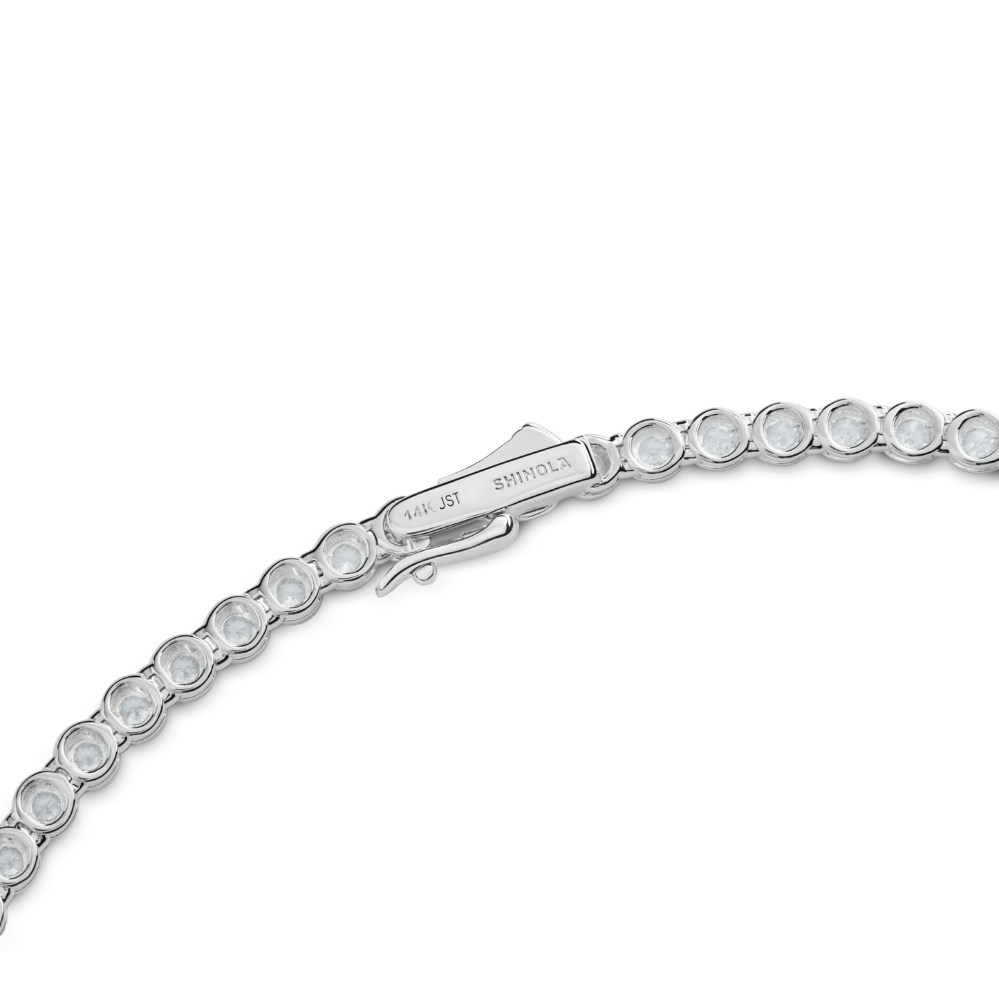 A close-up of the Shinola 7 Carat Diamond Tennis Necklace in white gold, featuring round white gemstones and a clasp engraved with 14K 1.51 and SHINOLA.