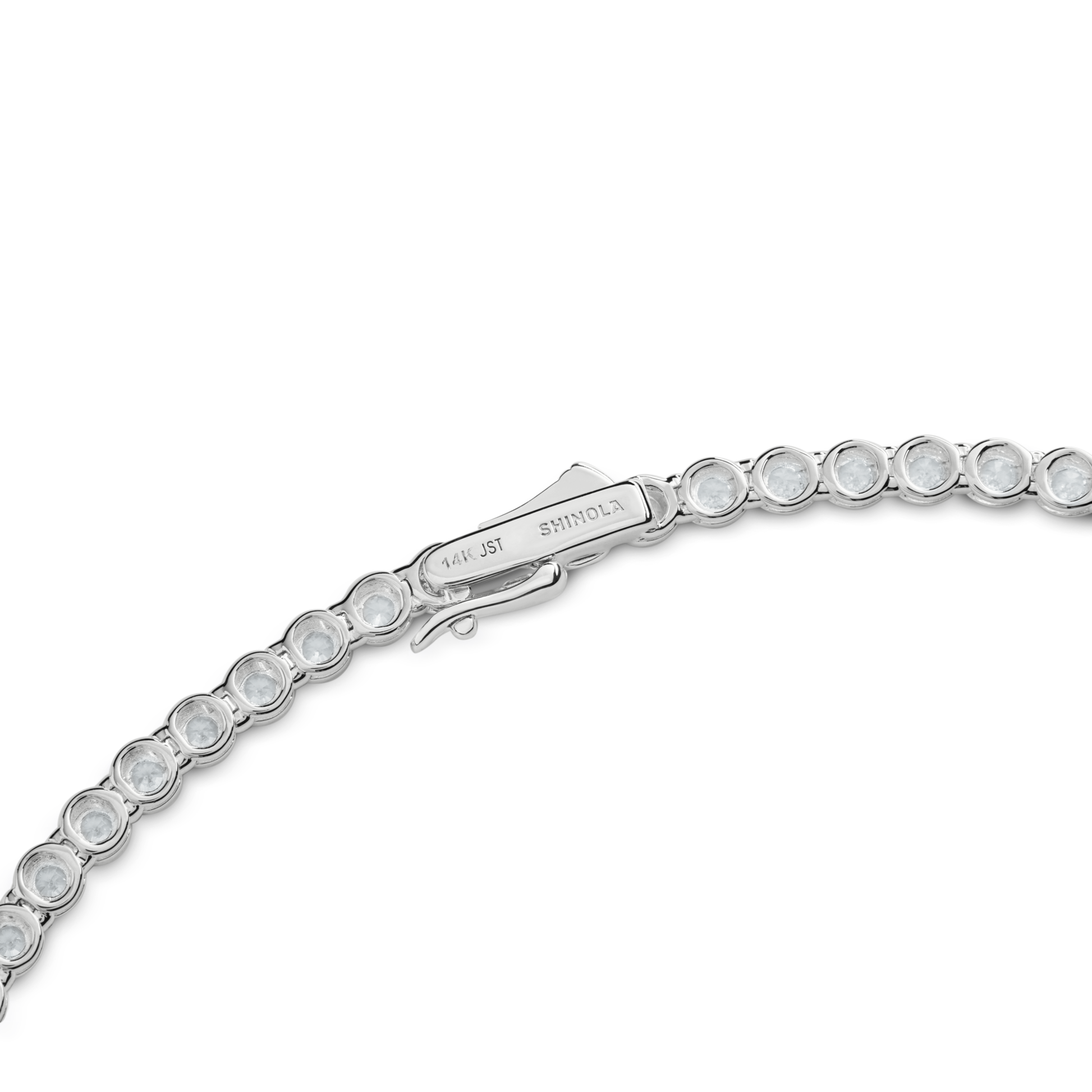 A close-up of the Shinola 7 Carat Diamond Tennis Necklace in white gold, featuring round white gemstones and a clasp engraved with 14K 1.51 and SHINOLA.