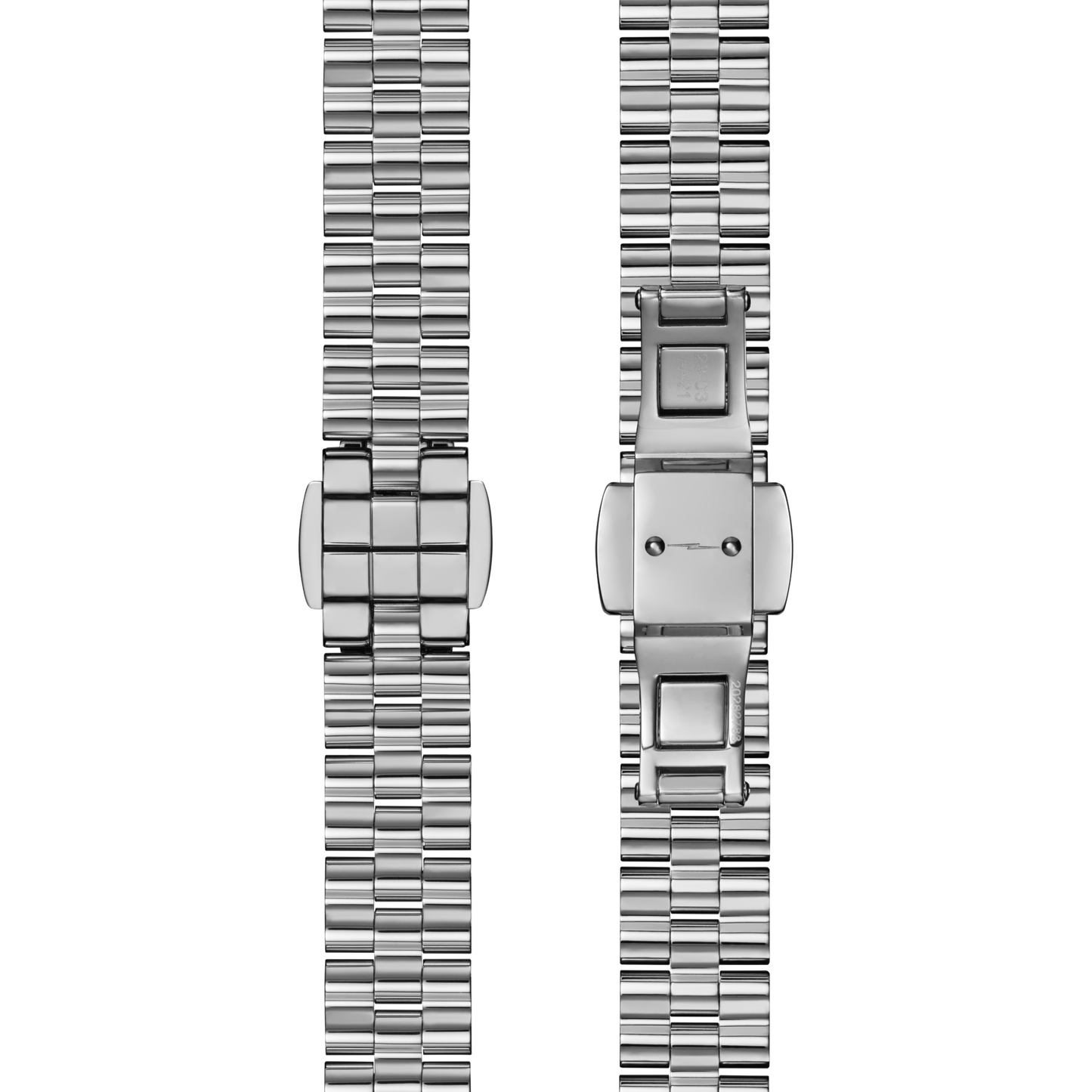 Two Shinola 10mm Wavy Bar Link Bracelets in stainless steel, with five-link design and butterfly deployment clasps, are shown side by side next to a Birdy Classic premium leather watch strap on a plain white background.