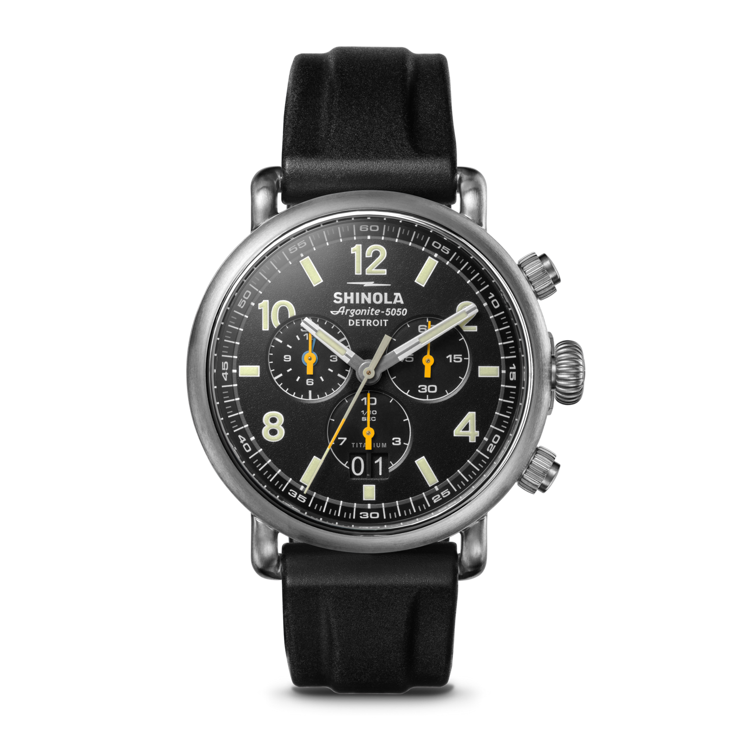 The Shinola Runwell Chronograph West Wind Watch Gift Set in black features a round stainless steel case, three subdials, yellow accents, a black leather strap, is water-resistant to 20 ATM, and includes an additional strap. Shown on a white background.