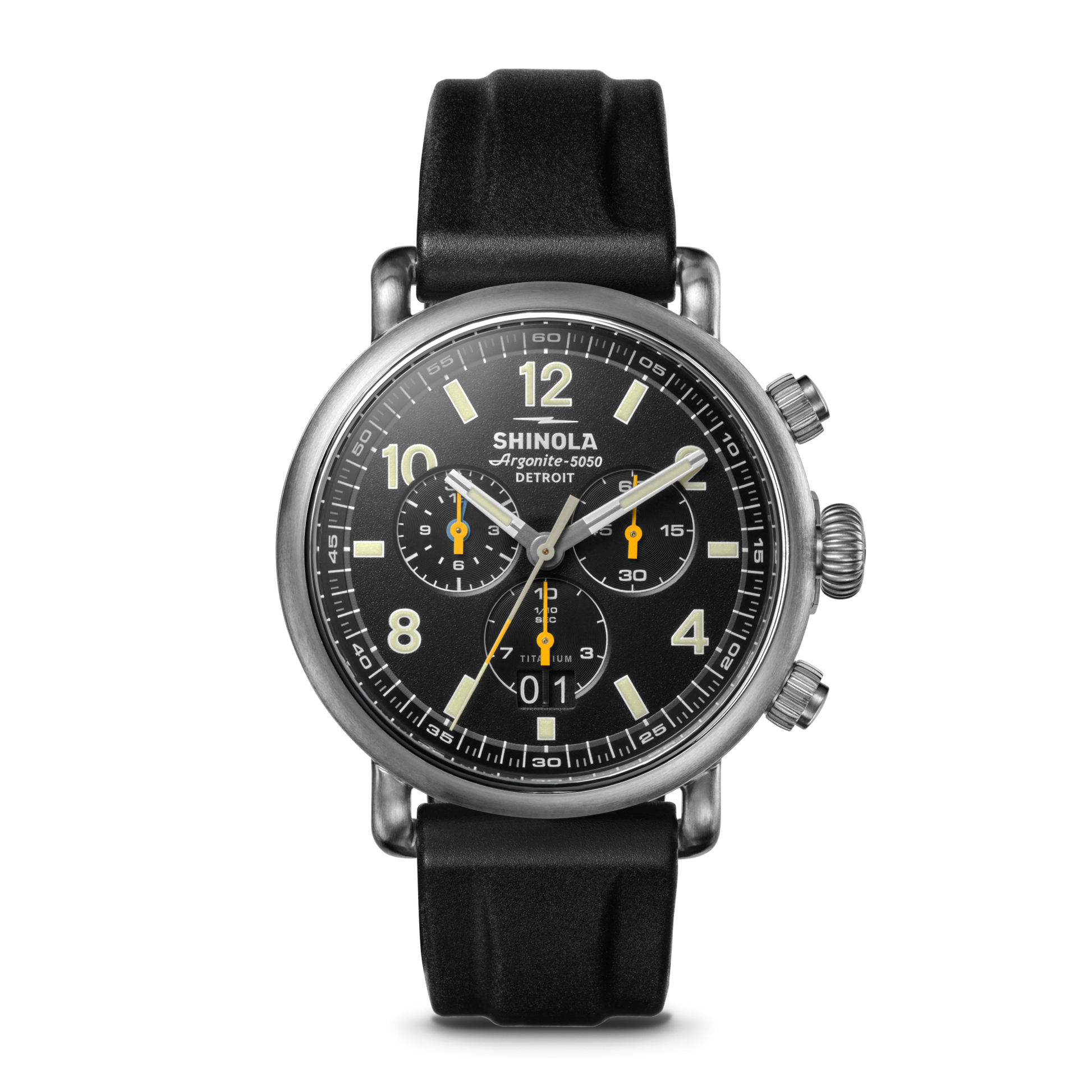 The Shinola Runwell Chronograph West Wind Watch Gift Set in black features a round stainless steel case, three subdials, yellow accents, a black leather strap, is water-resistant to 20 ATM, and includes an additional strap. Shown on a white background.