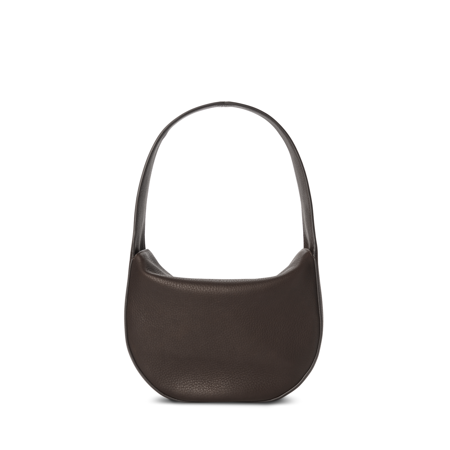 The Shinola Small Shoulder Bag - Espresso is a dark brown, crescent-shaped bag made from natural grain leather with a single wide strap, shown against a plain white background.