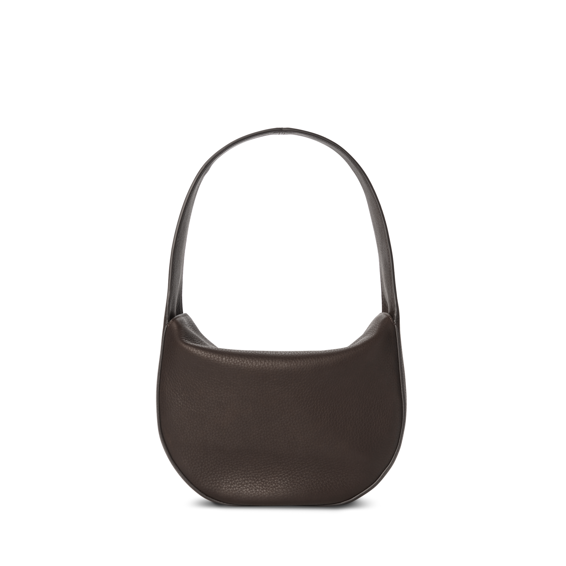 The Shinola Small Shoulder Bag - Espresso is a dark brown, crescent-shaped bag made from natural grain leather with a single wide strap, shown against a plain white background.