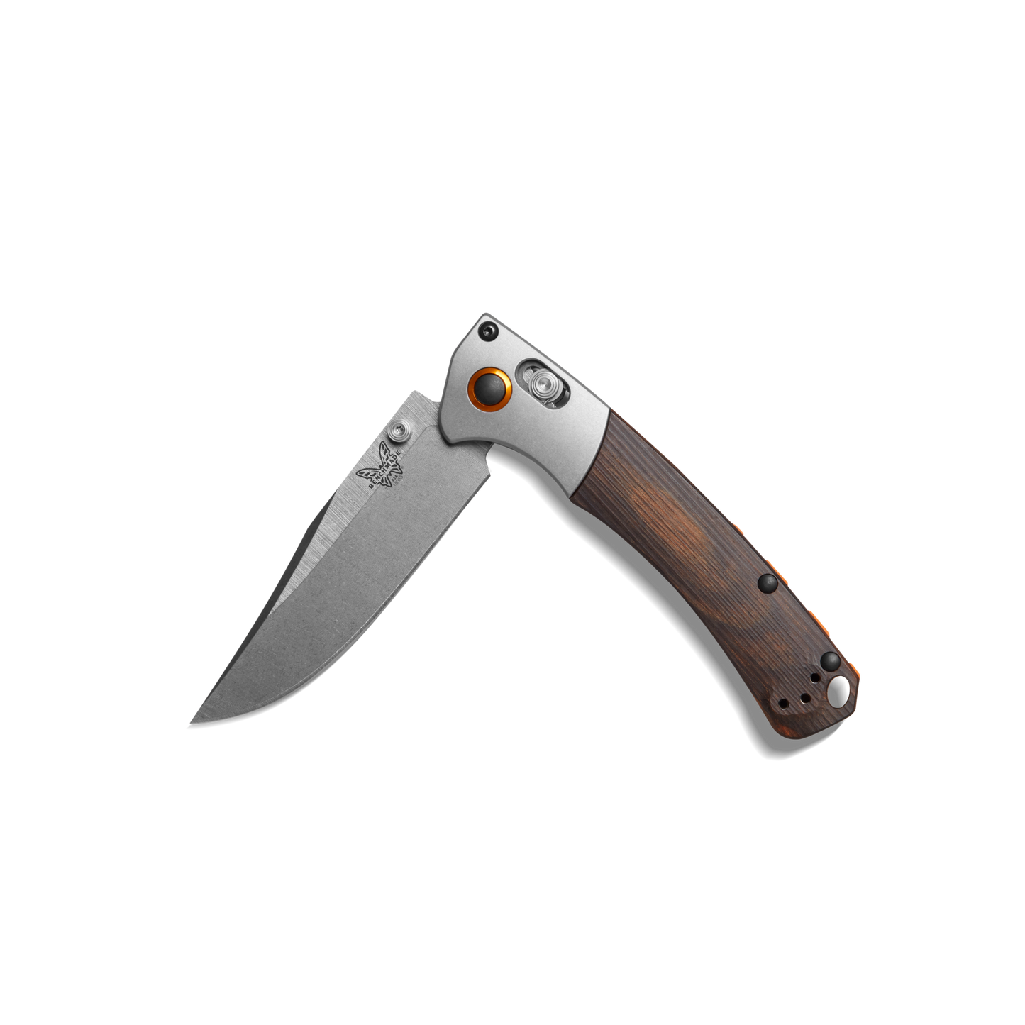 The Shinola + Benchmade Mini Crooked River Pocket Knife features a wood handle, metal bolster, stainless steel blade with partial opening, and an orange accent near the lock. Shown on a plain white background.